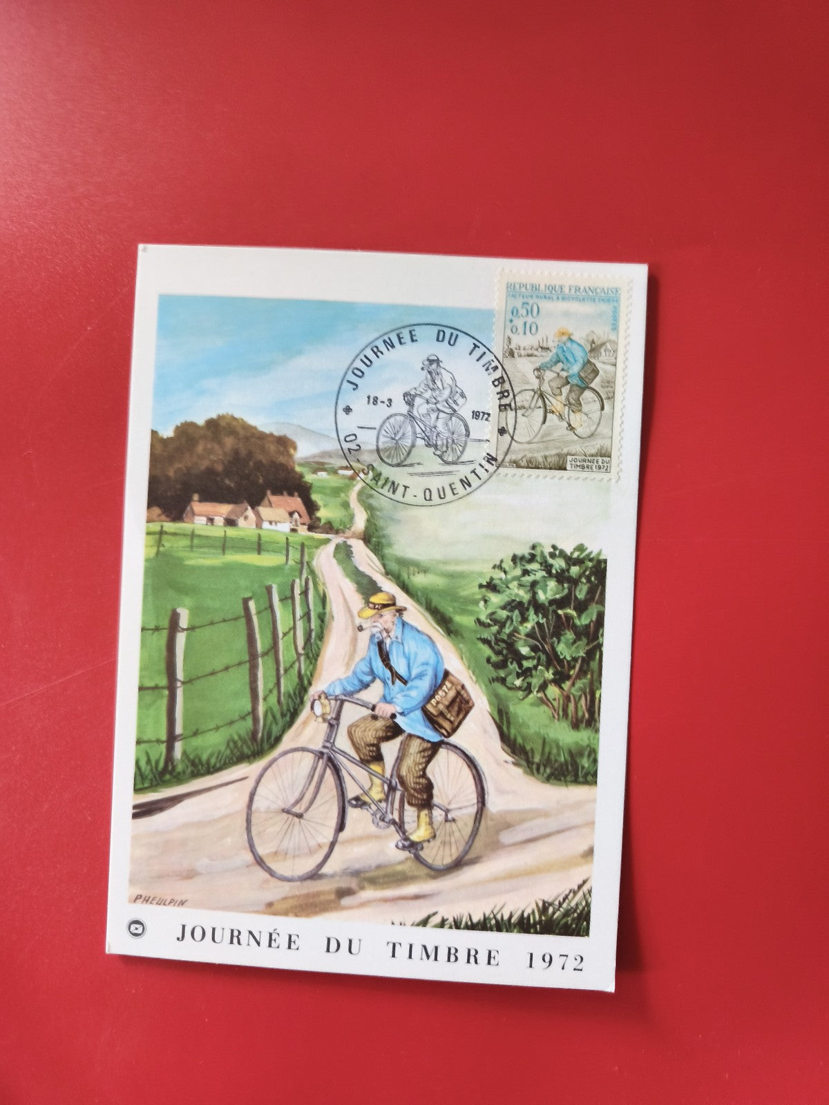 Carte postale philatélie Journée du Timbre 1972 facteur à vélo timbre inclus