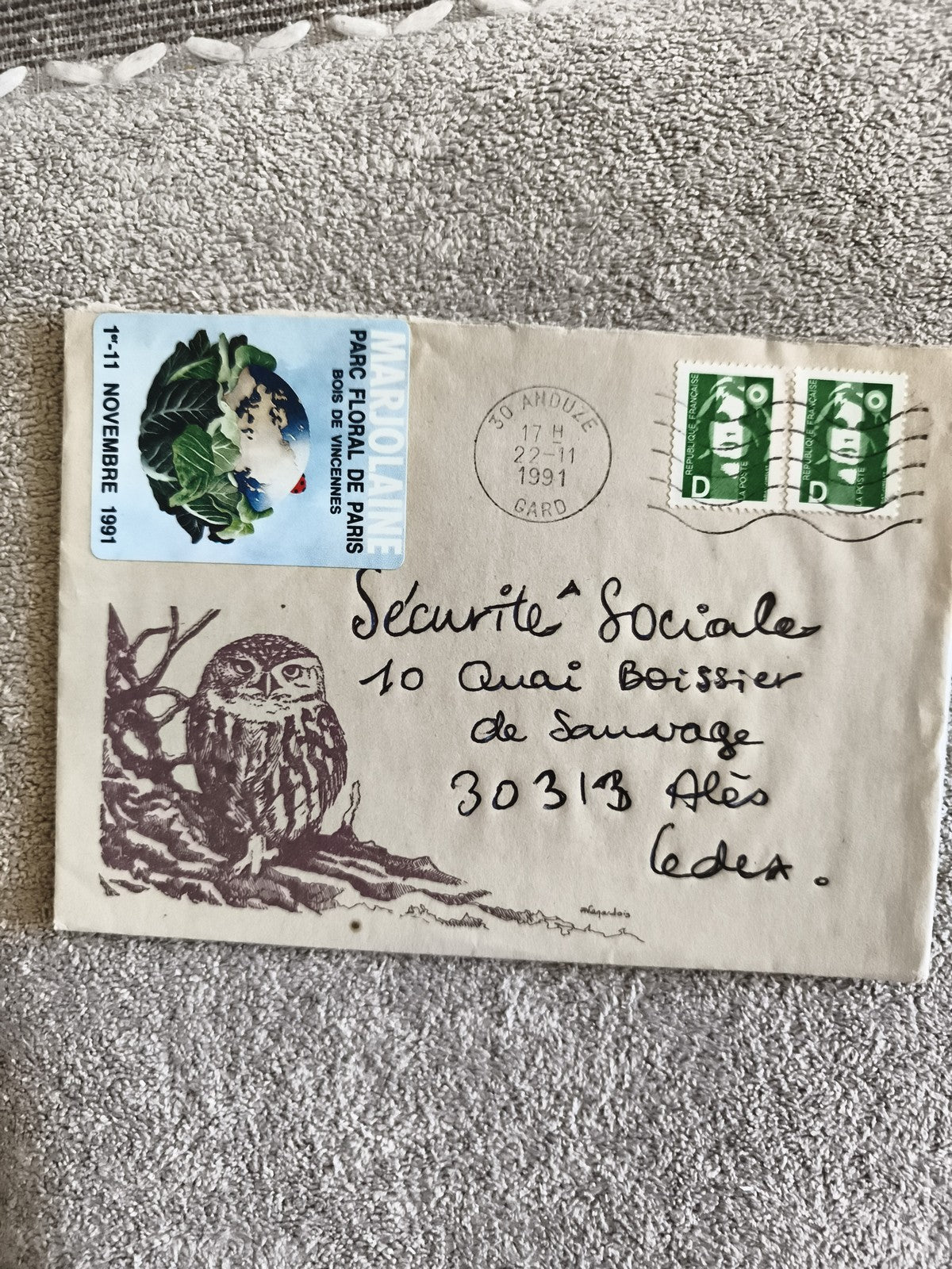Lettre illustrée chouette 1991 timbres Marianne, cachet Anduze, Parc Floral Pari
