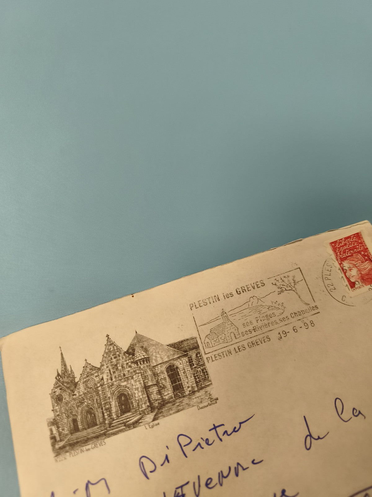 Ancienne enveloppe philatélie Plestin-les-Grèves cachet 1998 illustration église