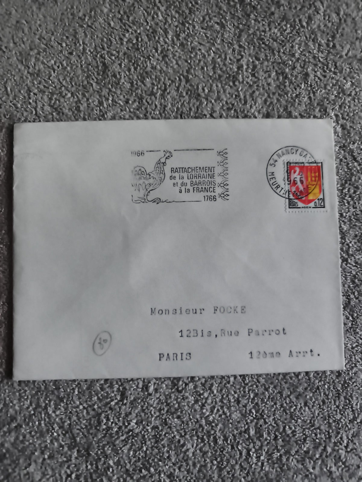 Lettre premier jour 1966 Rattachement Lorraine Barrois France oblitérée Nancy