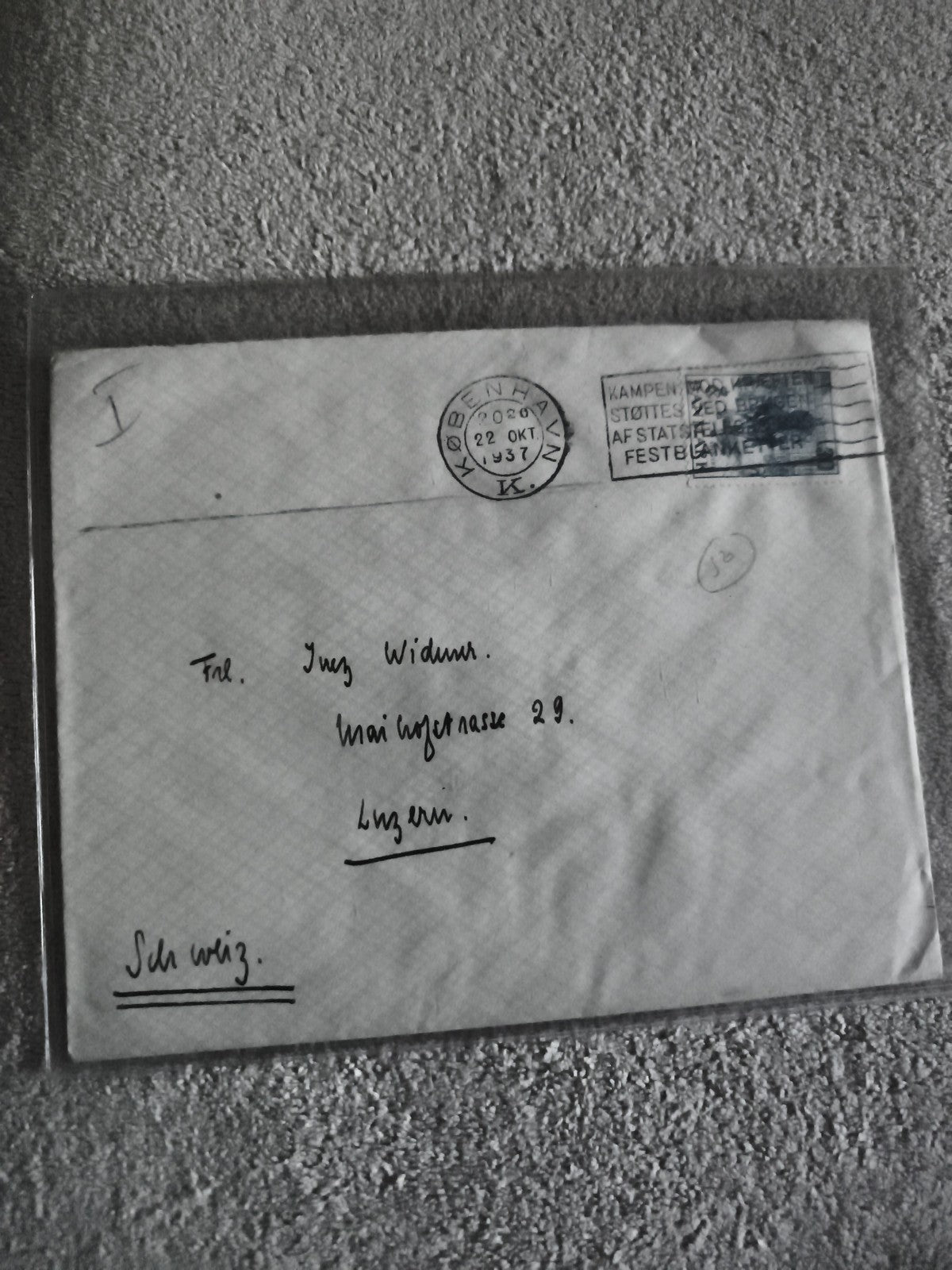 Lettre oblitérée Kobenhavn 1937 Suisse philatélie enveloppe poste (Ref 27)