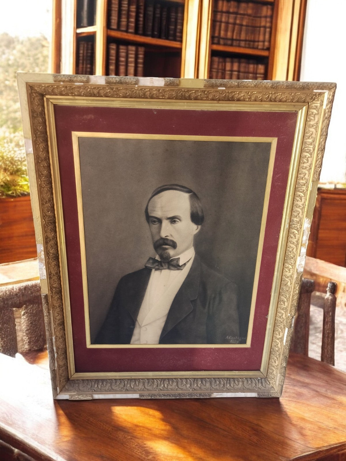 Portrait ancien fusain signé A. Castagné 1889 encadré, dessin XIXe, tableau vint