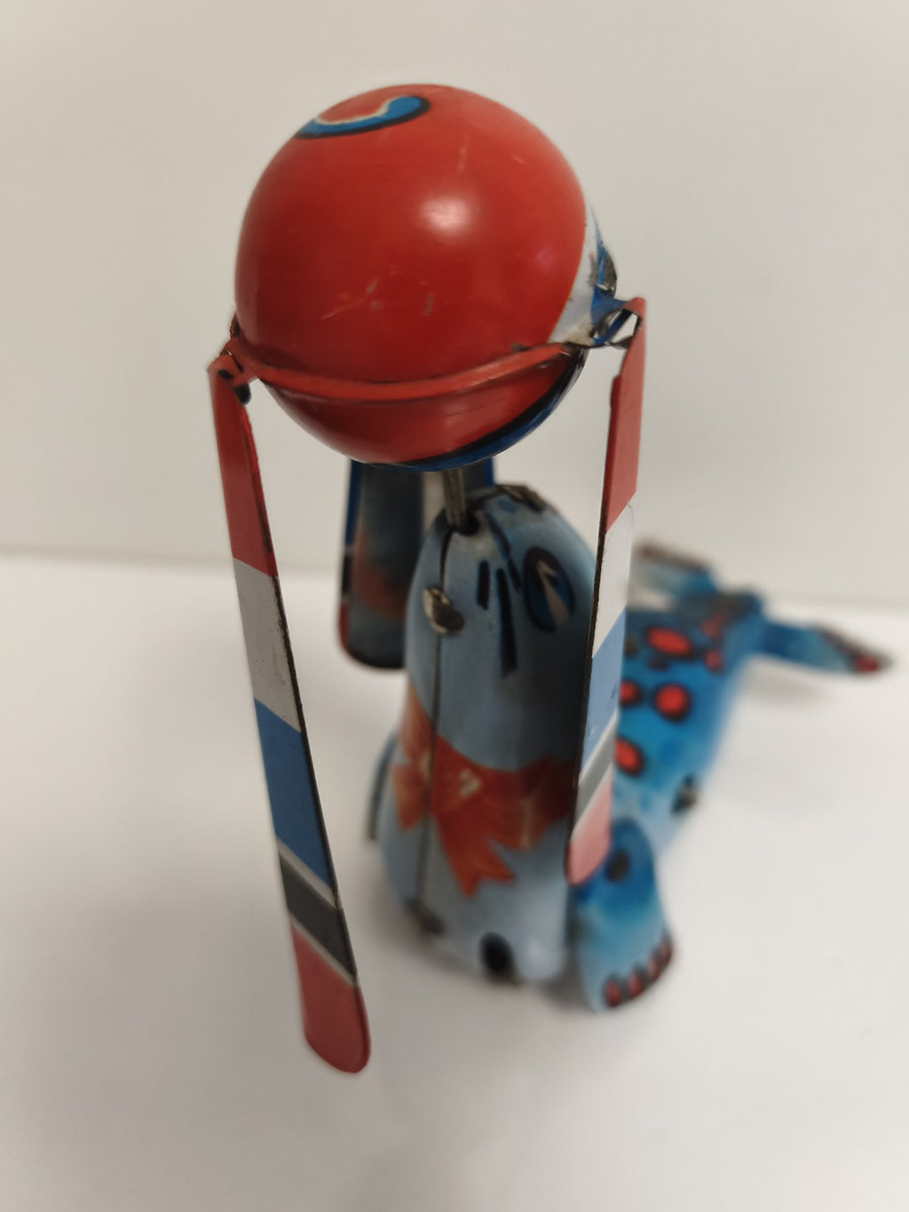 Jouet mécanique phoque cirque tôle peinte, tin toy seal, couleurs vives