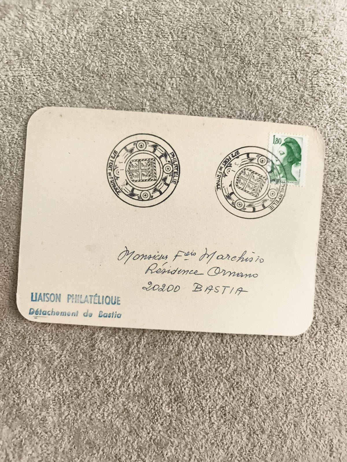 Carte postale philatélique Bastia tampon blason Corse Marianne 1,80 F