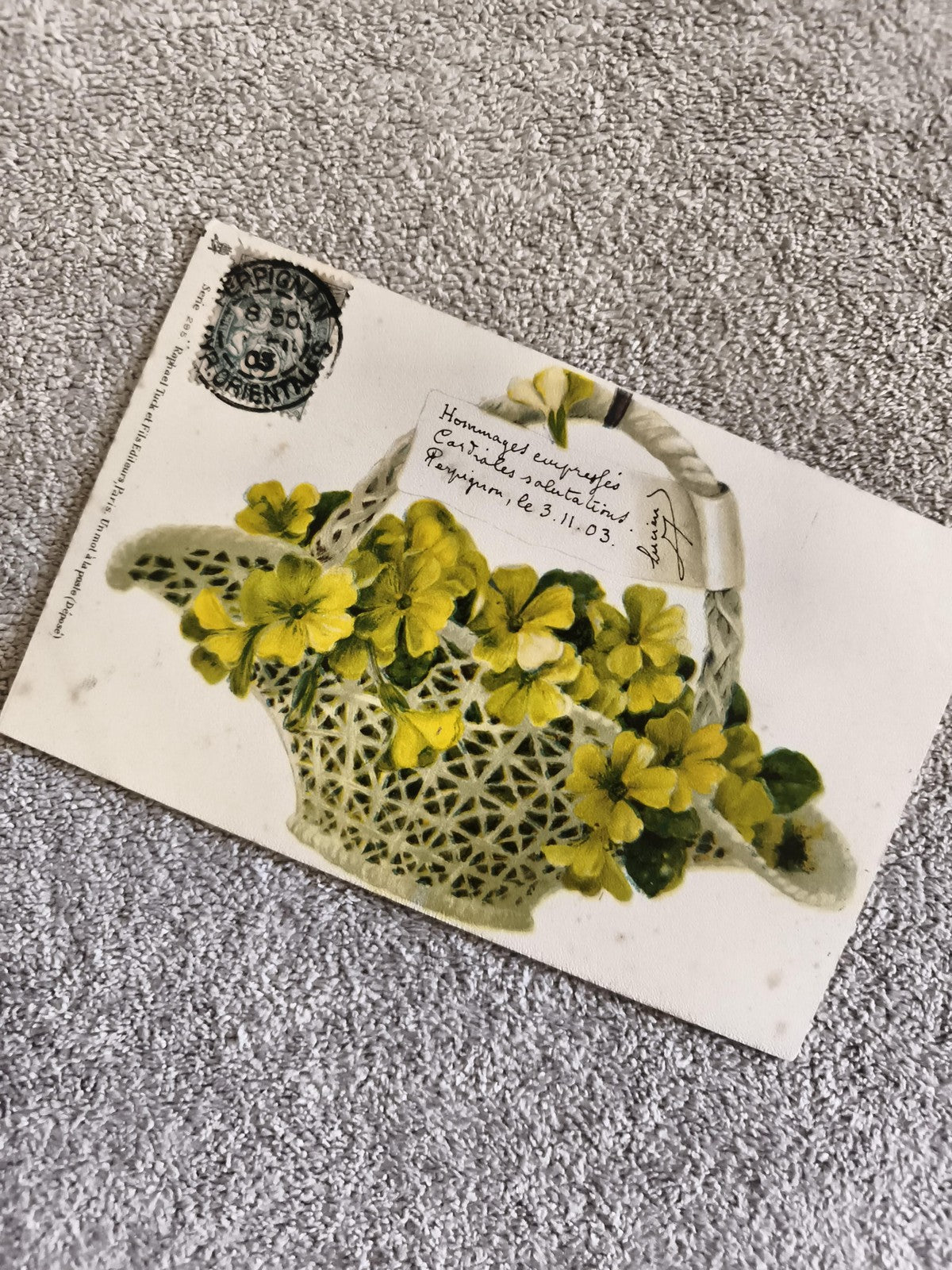 CPA 1903 panier ajouré fleurs jaunes illustration couleur Perpignan