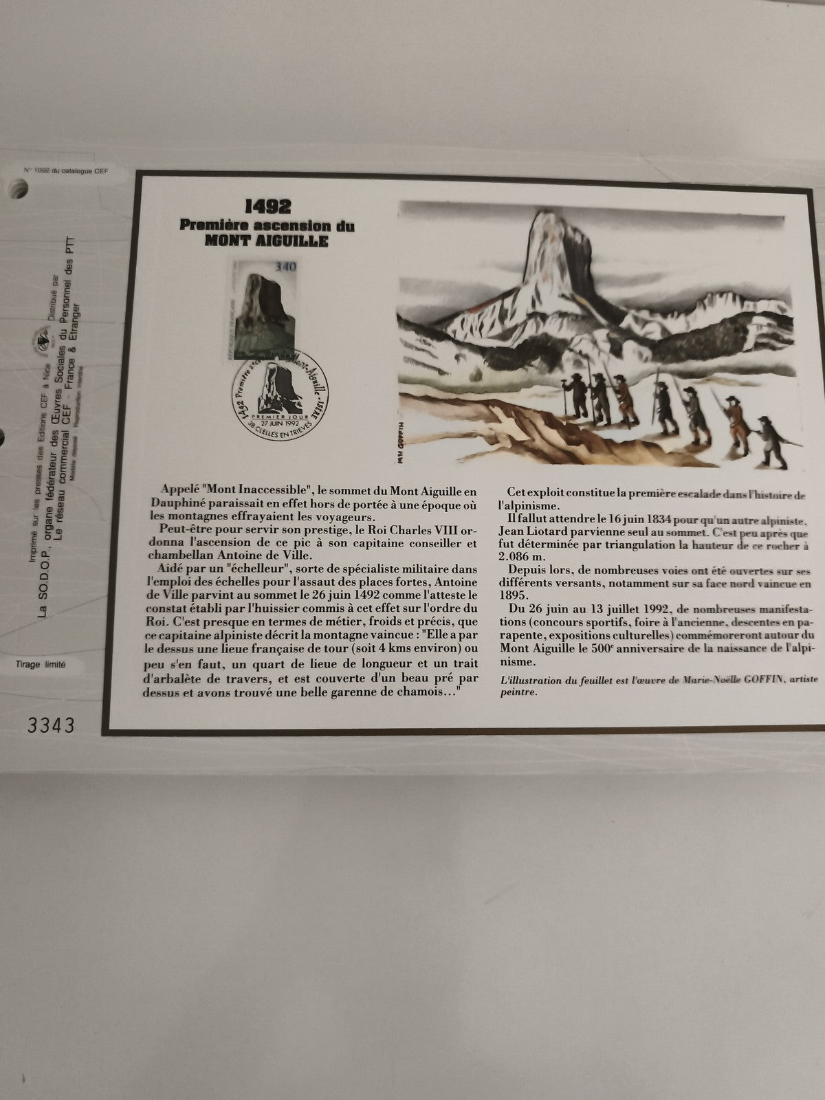 Feuillet CEF 1492 Mont Aiguille première ascension philatélie oblitéré