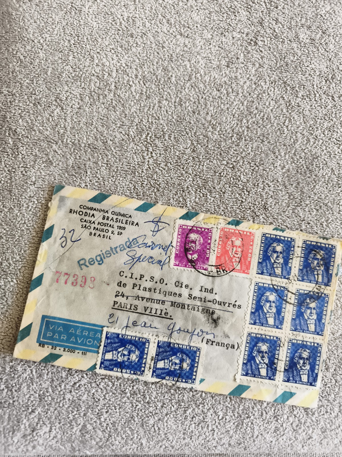 Lettre affranchie Brésil France, 8 timbres José Bonifácio, recommandé, années 50