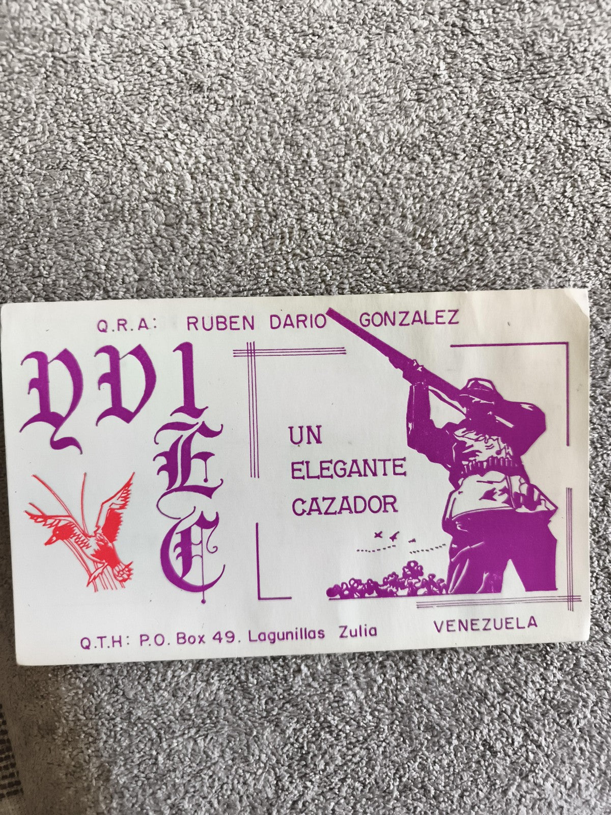 Carte QSL ancienne radio Venezuela PV1TC tir chasseur illustrée années 70