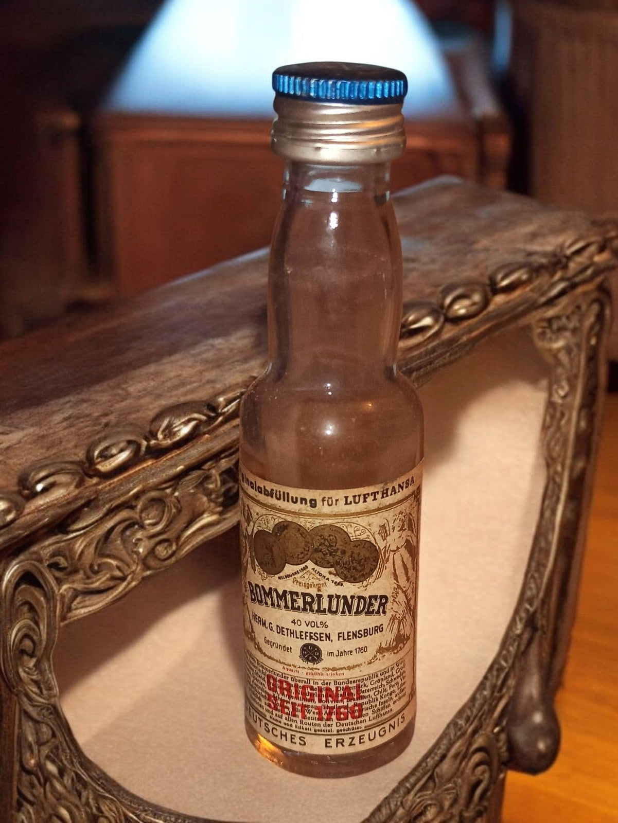 Mini-bouteille alcool vintage Bommerlunder Lufthansa, étiquette originale, rare