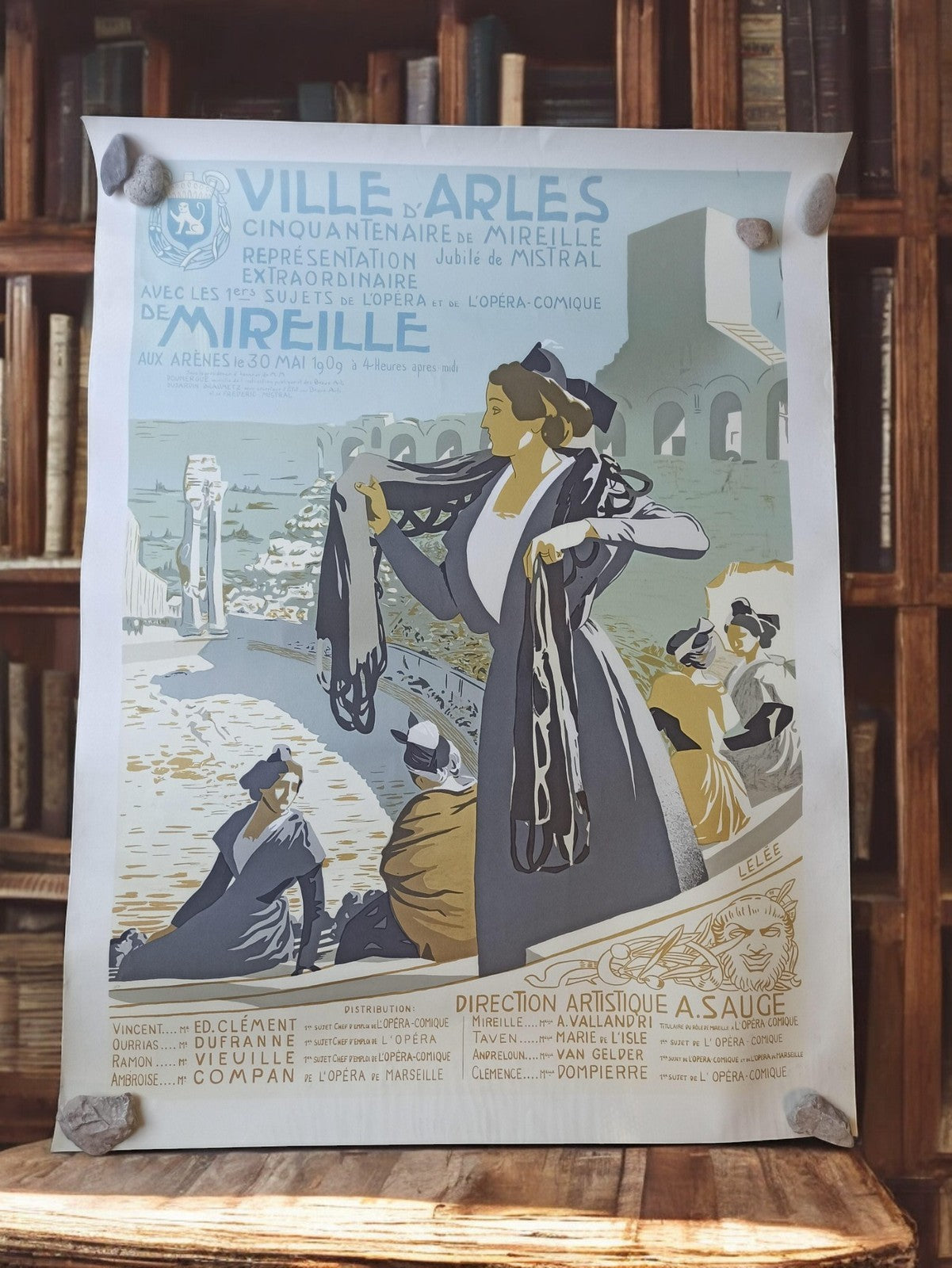 Affiche ancienne lithographie Ville d’Arles Mireille 1909 rétro art mural vintag