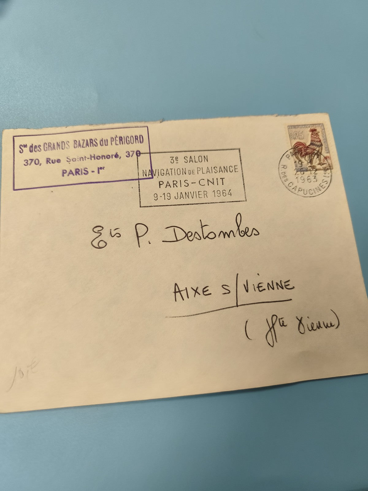 Ancienne enveloppe oblitérée 1963 timbre coq, Salon Paris philatélie collection