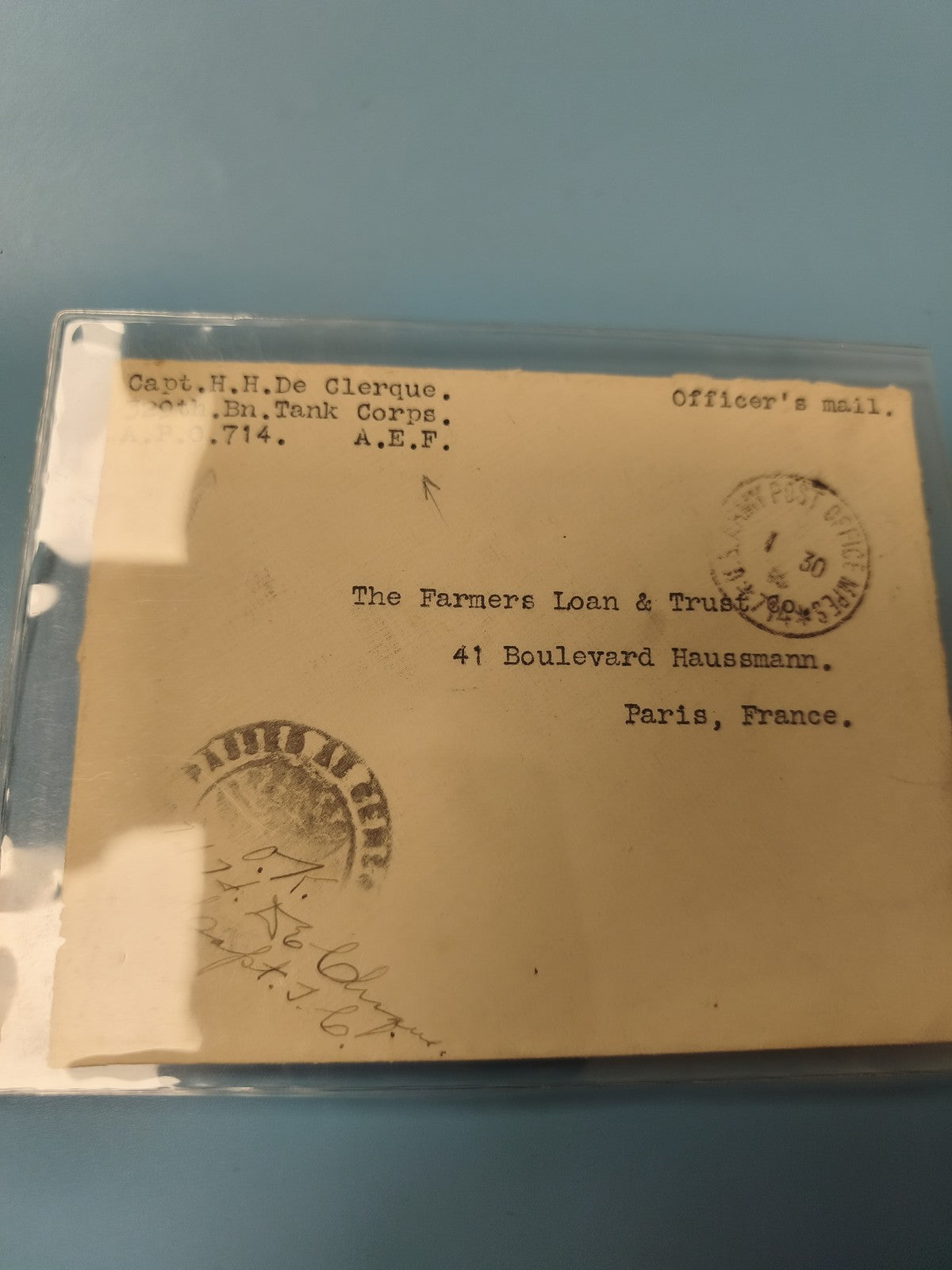 Ancienne enveloppe militaire France AEF Tank Corps WW1 cachet Paris philatélie