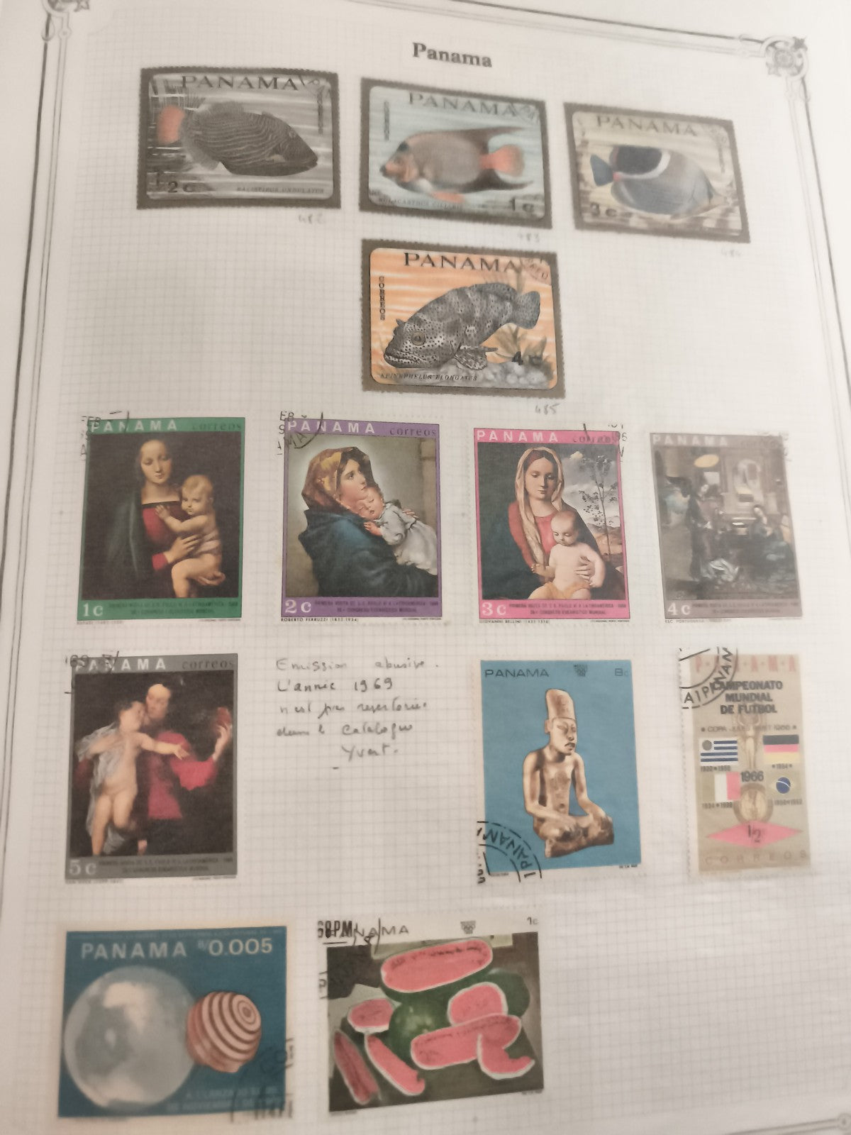 Timbres anciens Panama thématiques arts poissons fruits sport lot philatélie vin