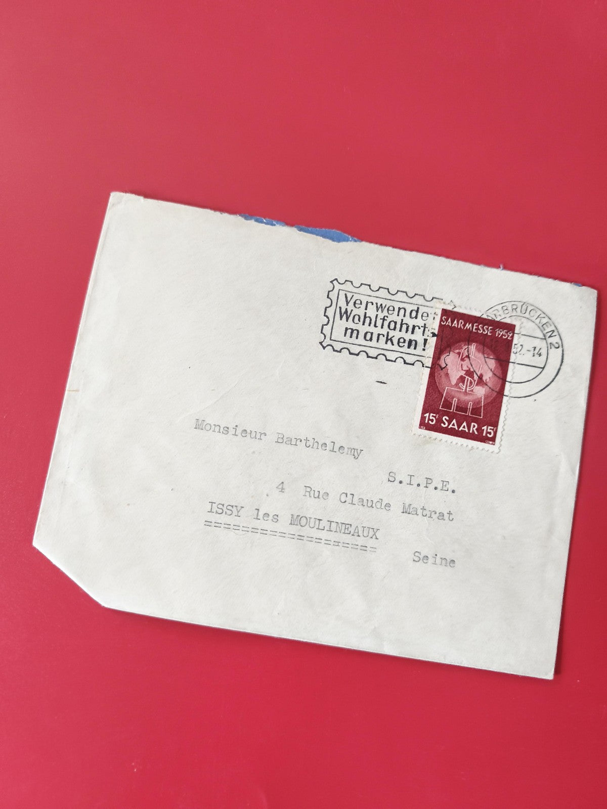Enveloppe philatélie affranchie timbre Saarmesse 1952 cachet visible