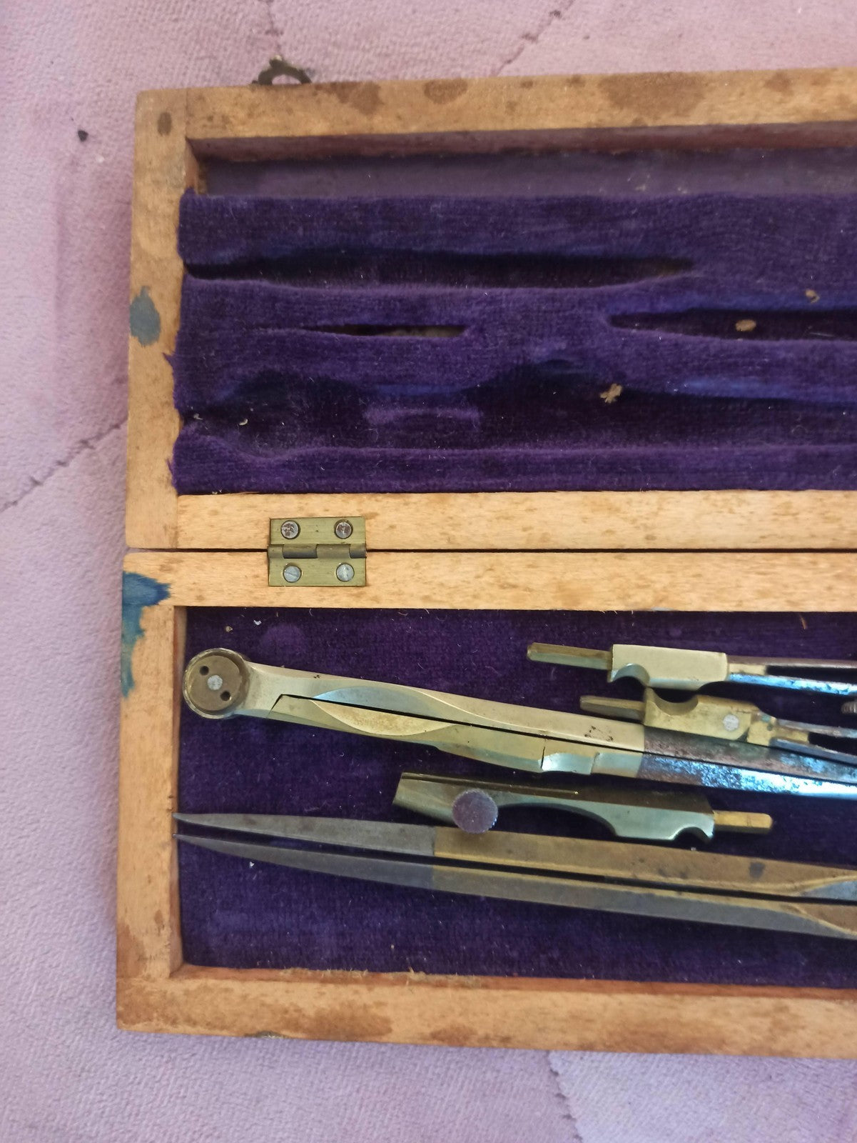 Compas ancien en coffret bois, instruments dessin vintage, étui velours
