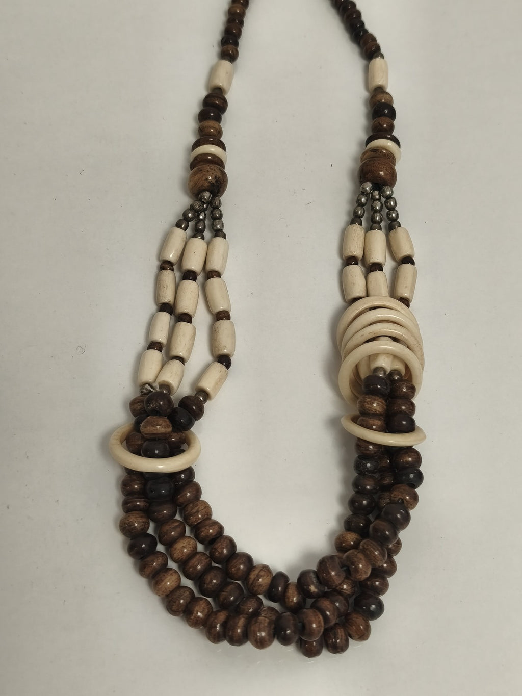 Collier ancien multi-rangs perles os et marron, ethnique vintage, gros maillons