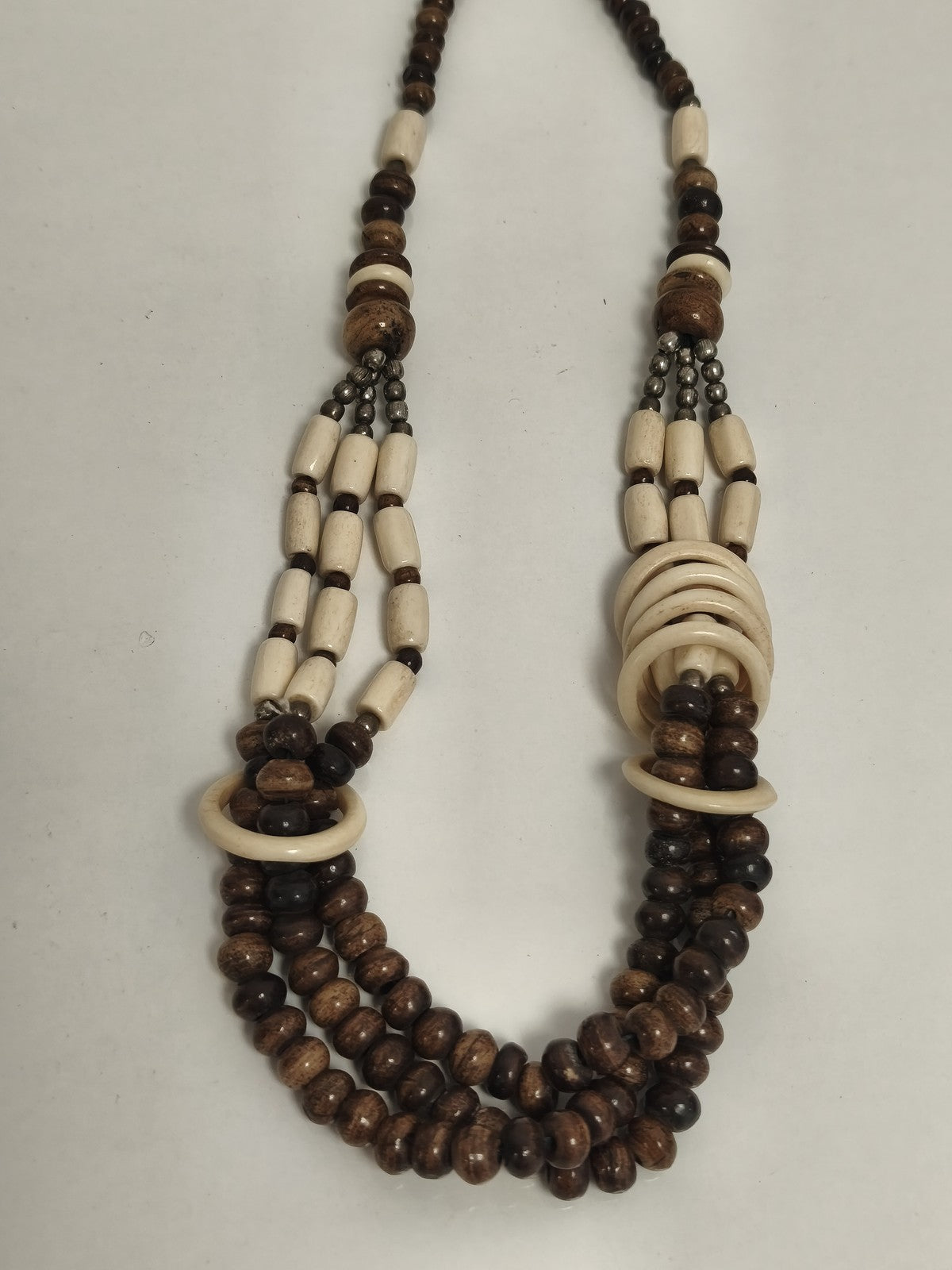 Collier ancien multi-rangs perles os et marron, ethnique vintage, gros maillons