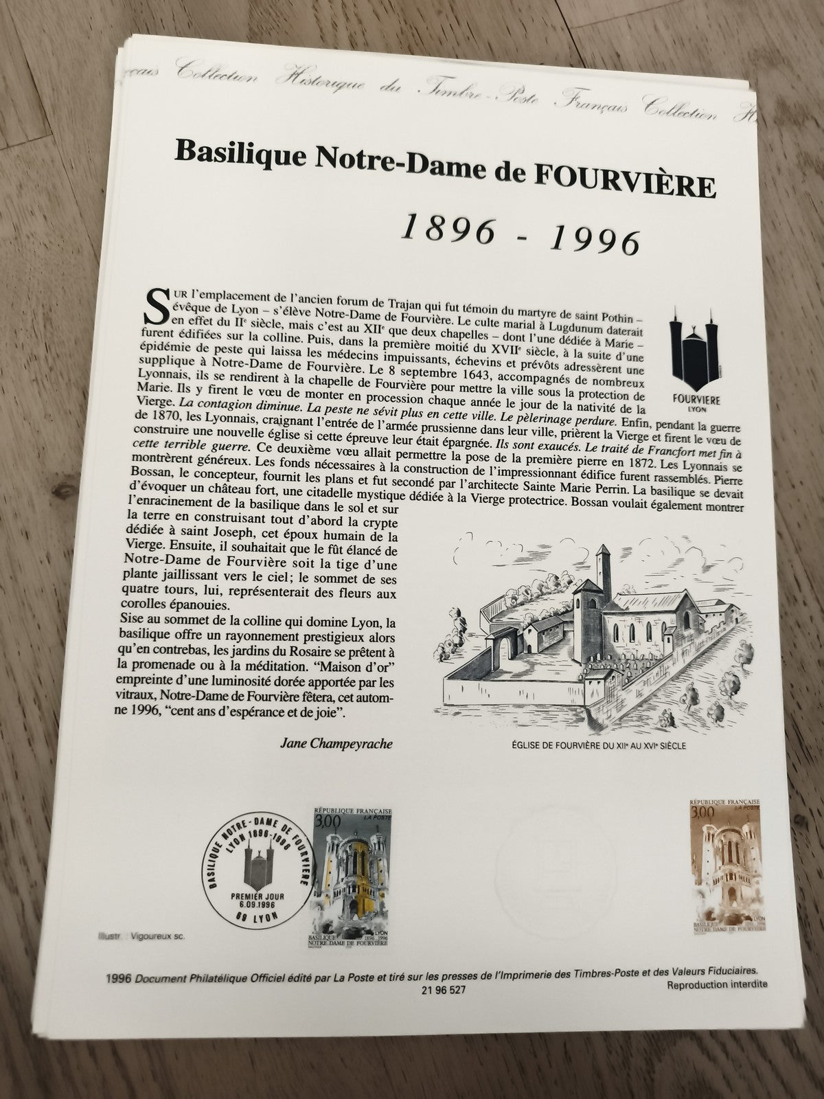 Feuillet philatélique Basilique Fourvière 1896-1996 Lyon La Poste timbres