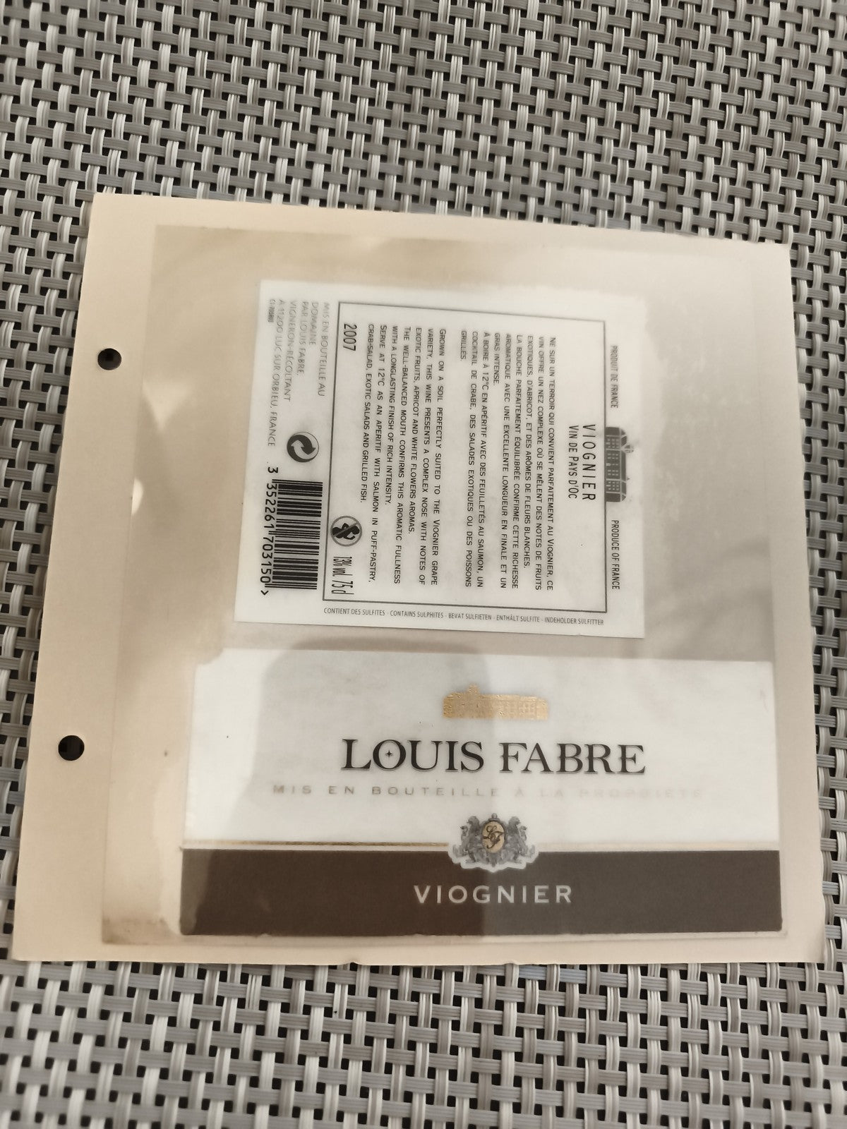 Étiquette vin Louis Fabre Viognier 2007 France, capsule, label bouteille