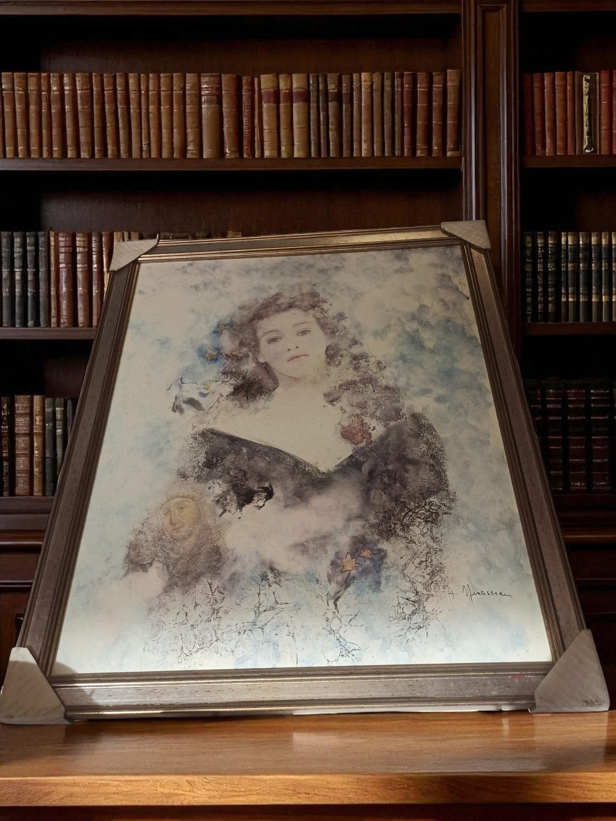Lithographie Annie Minassian portrait femme, art vintage ancien encadré