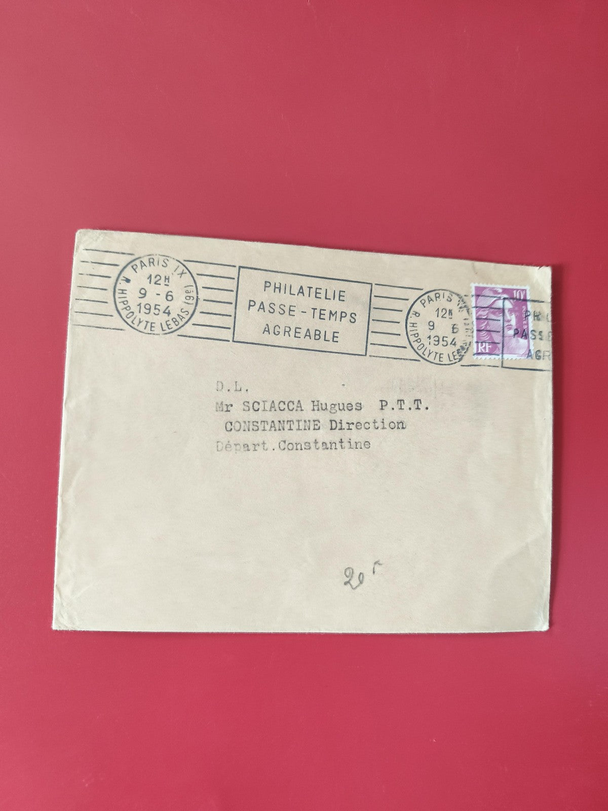 Enveloppe philatélie oblitérée Paris IX 1954 avec timbre violet