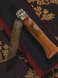 Couteau pliant OPINEL vintage bois pub publicitaire, lame acier patinée ancien