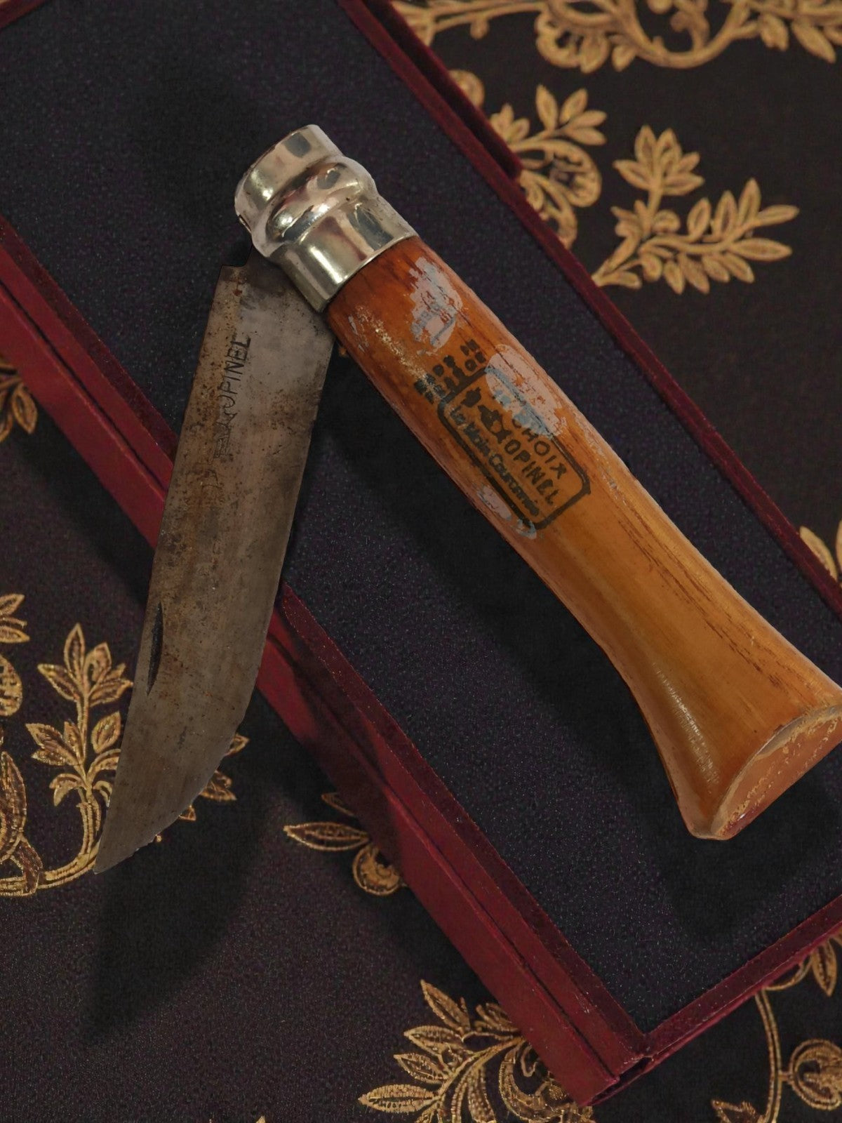 Couteau pliant OPINEL vintage bois pub publicitaire, lame acier patinée ancien