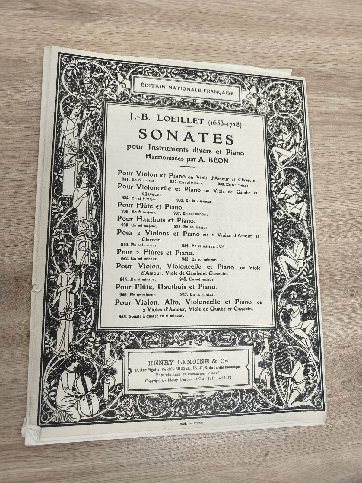 Ancien livre partitions violon piano Loeillet Henry Lemoine édition France