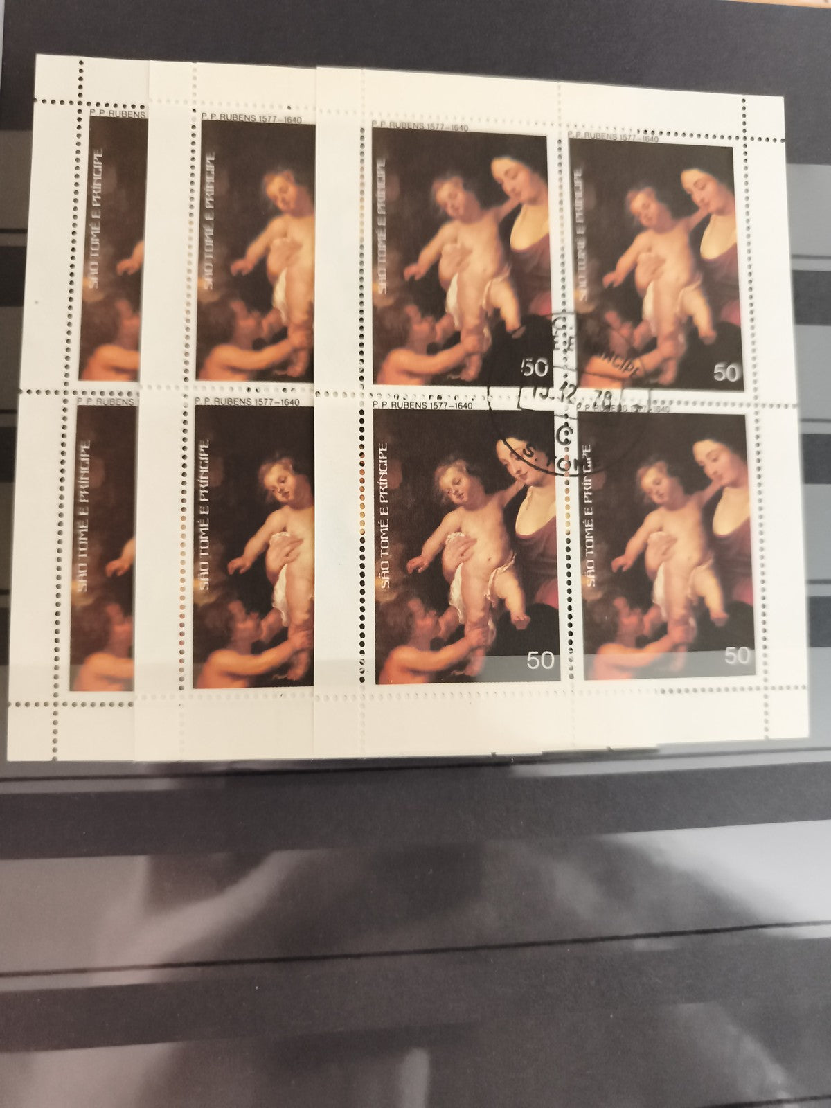 Bloc de 8 timbres anciens P. Rubens 50c oblitérés, art religieux philatélie