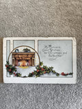Carte postale ancienne Noël cheminée houx vœux anglais CPA Christmas