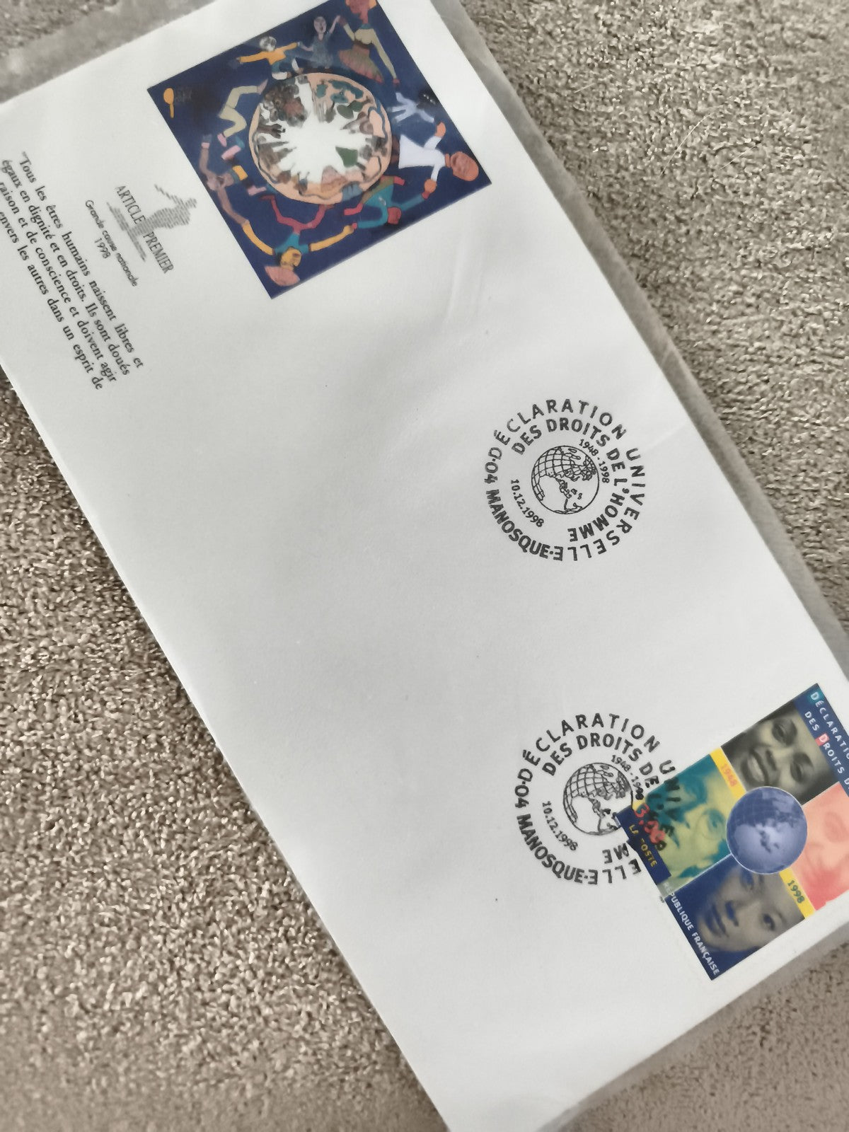 Lettre premier jour Déclaration Universelle des Droits de l’Homme 1998, FDC, Man