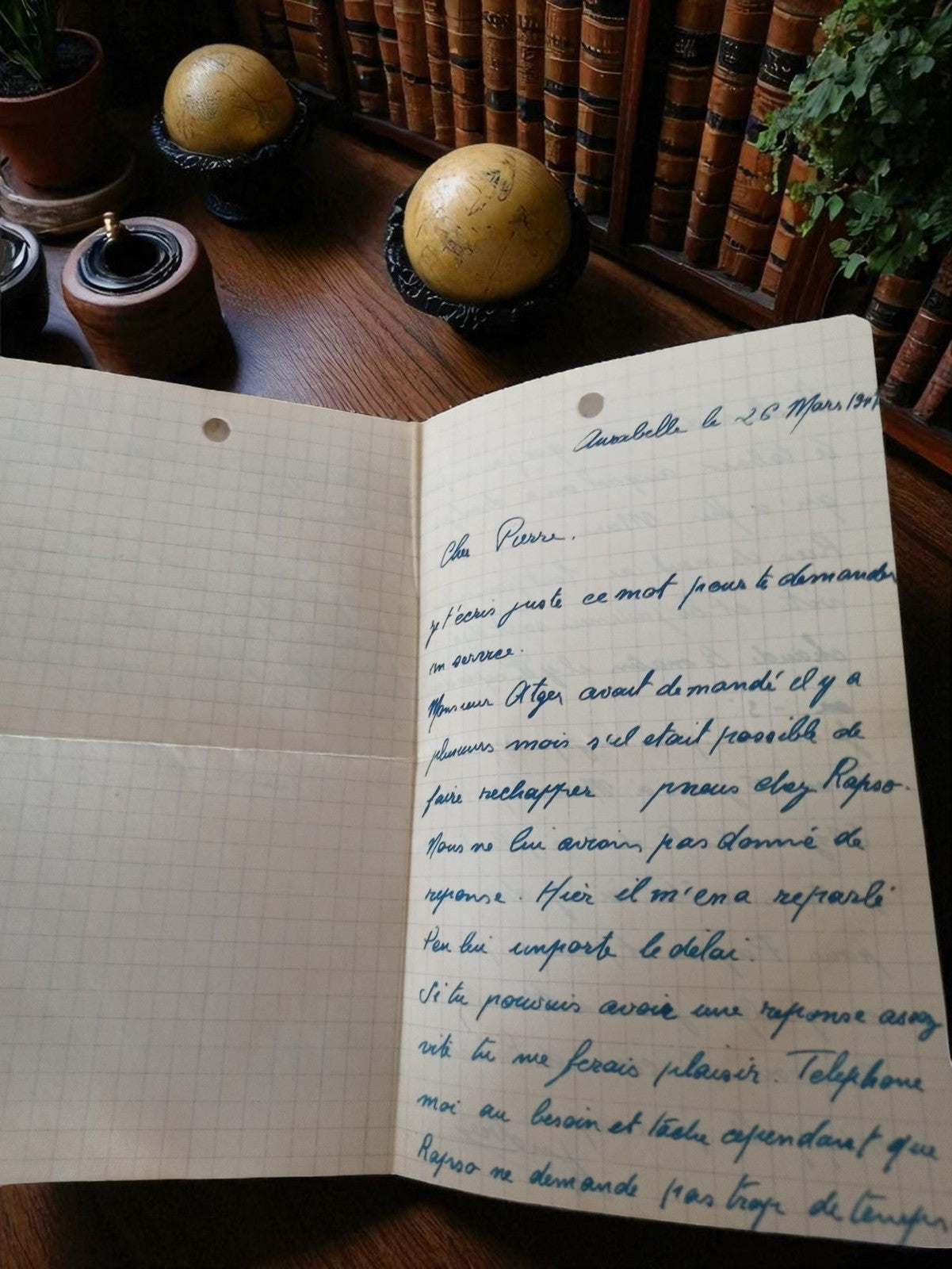 Lettre manuscrite ancienne 1947 vintage, écriture bleue, à Pierre, post WWII