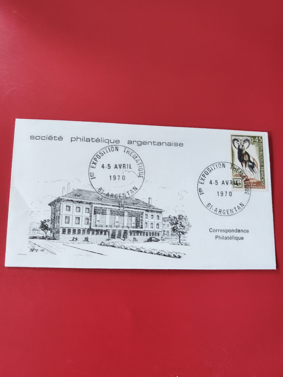 Enveloppe philatélie Société Argentaise 1970, timbre 0,45F, illustration bâtimen