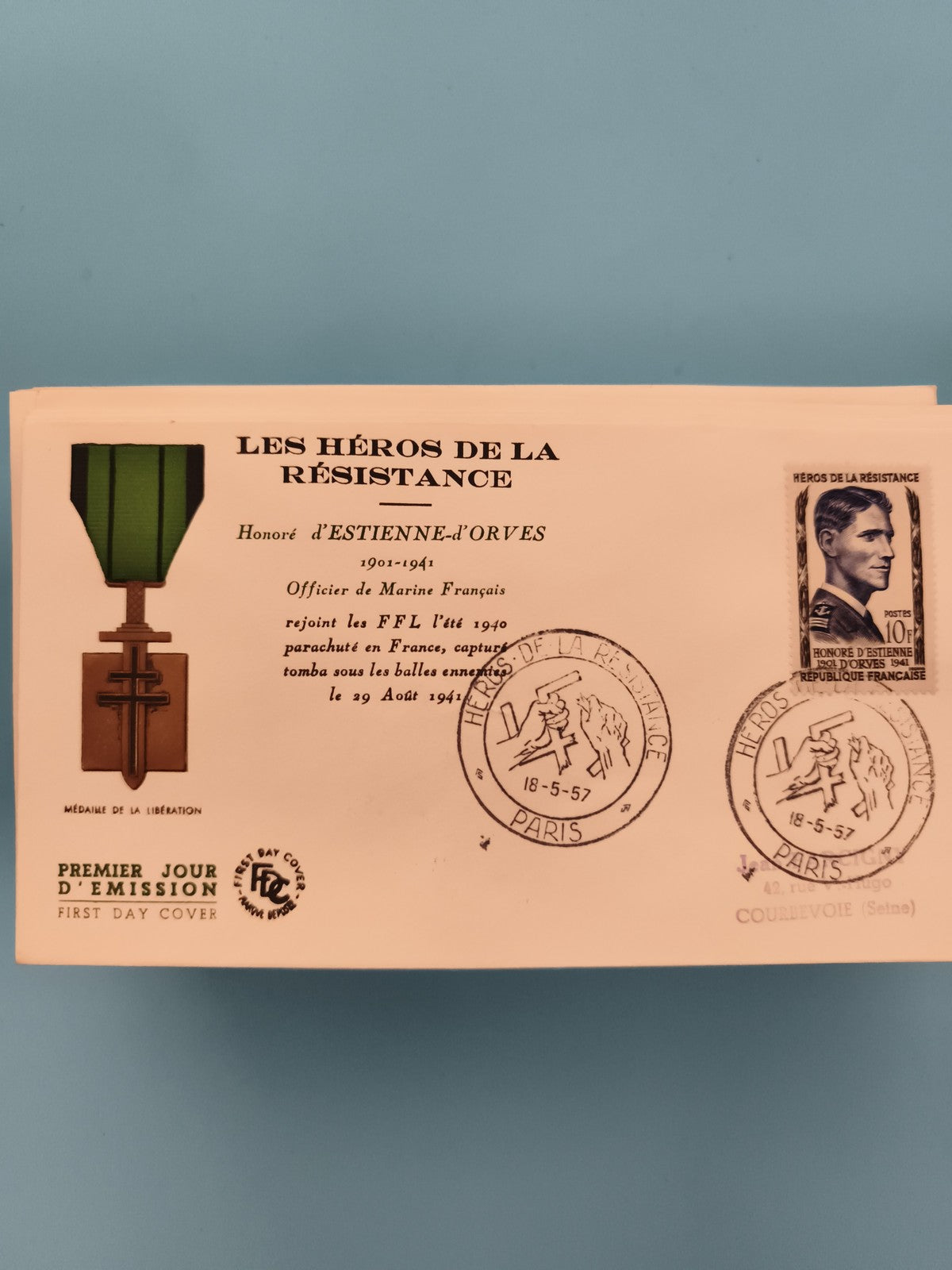 Lettre Premier Jour Héros Résistance d'Estienne d'Orves 1957 Paris Philatélie
