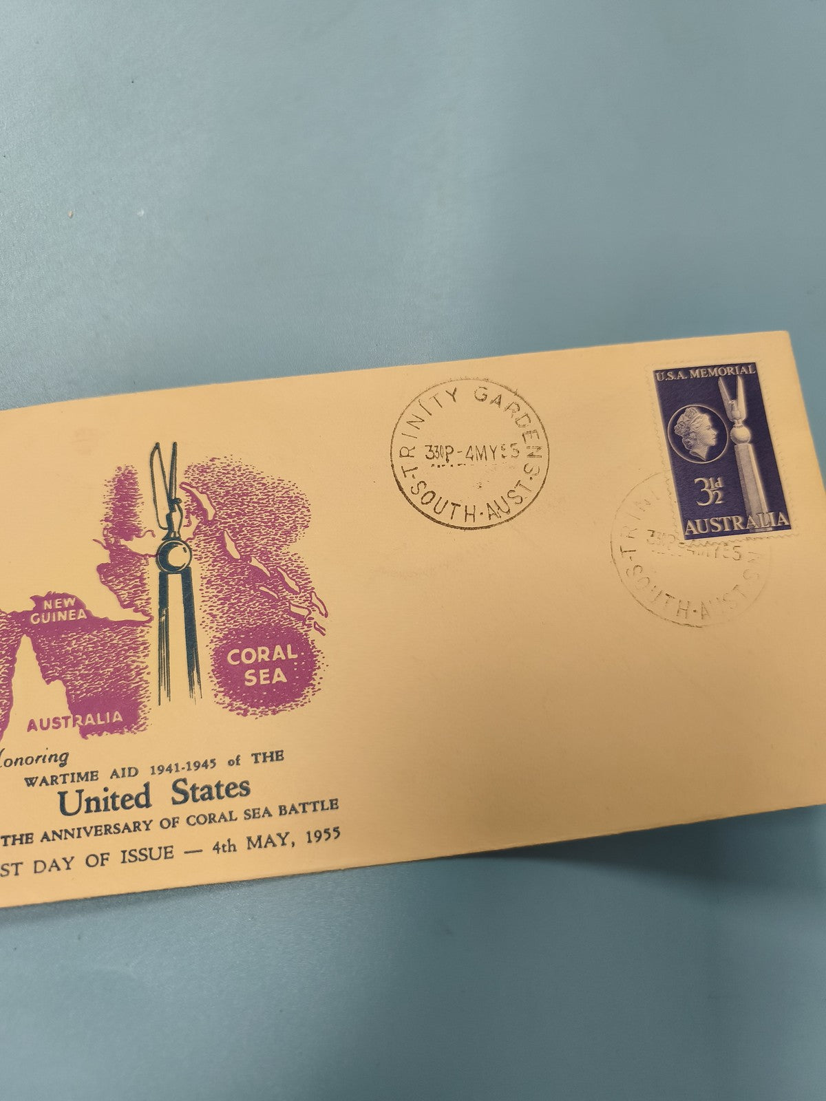 Ancienne enveloppe FDC 1955 timbre Australie US Memorial philatélie WWII