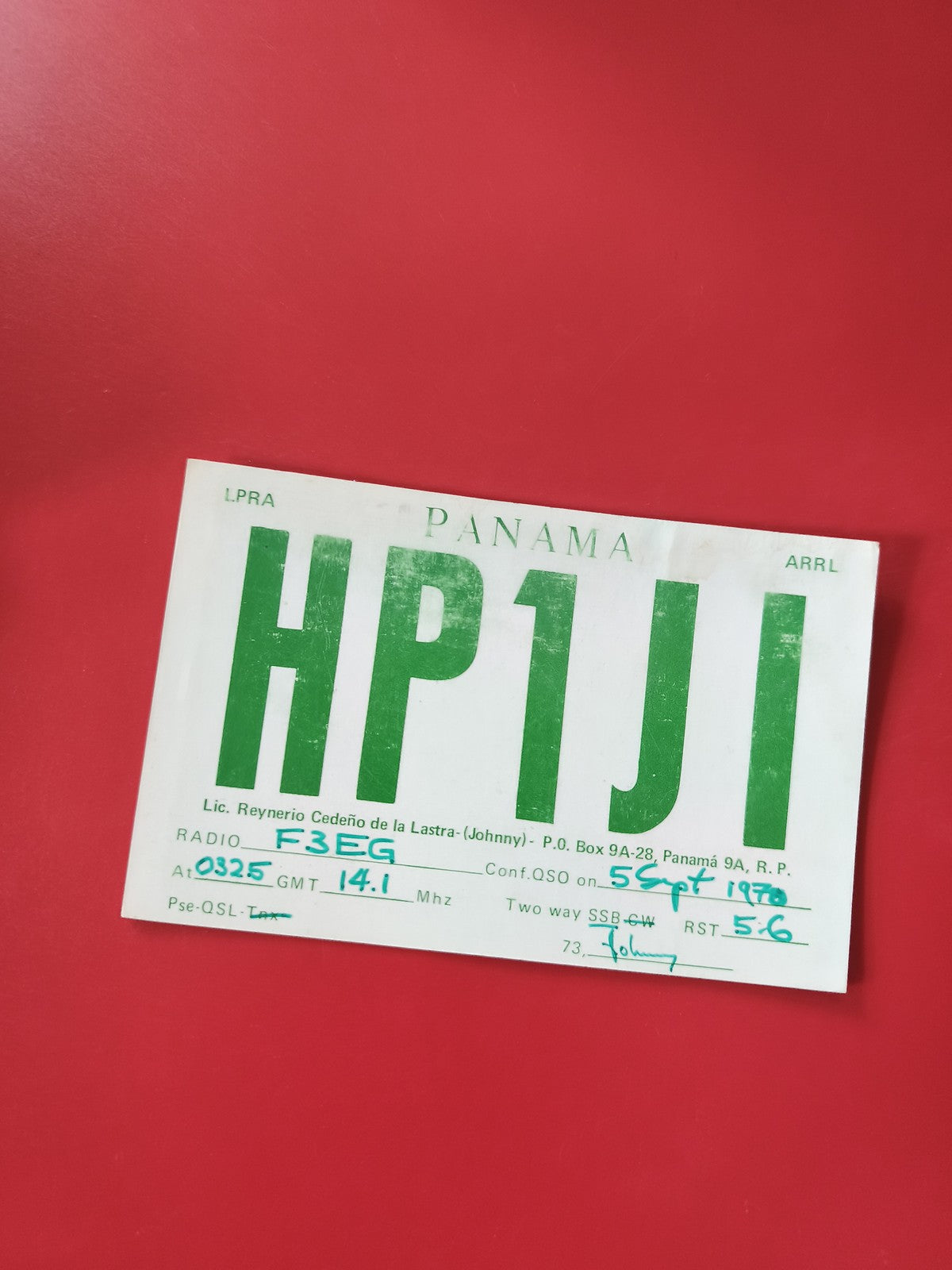 Carte radio QSL Panama HP1JJI vert blanc, indicatif F3EG, radioamateur