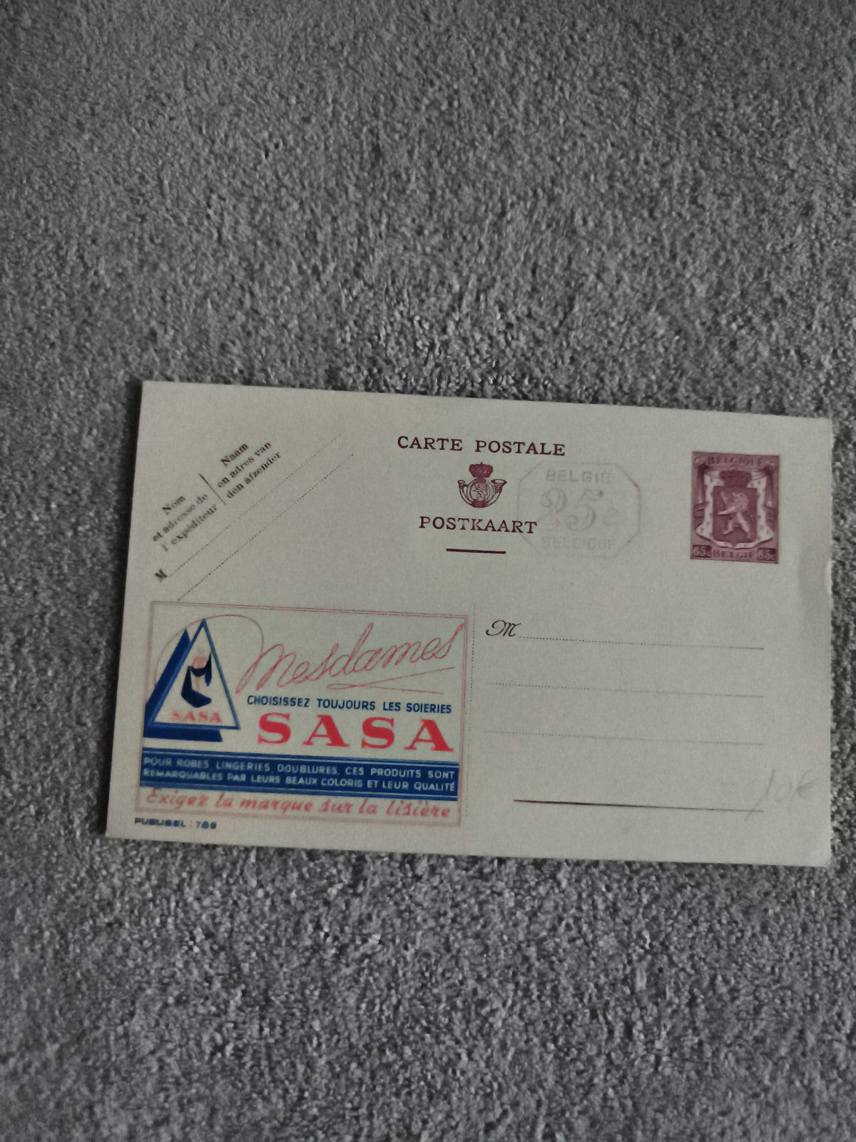 Carte postale publicitaire SASA Belgique soieries affranchie philatélie (Ref 27)