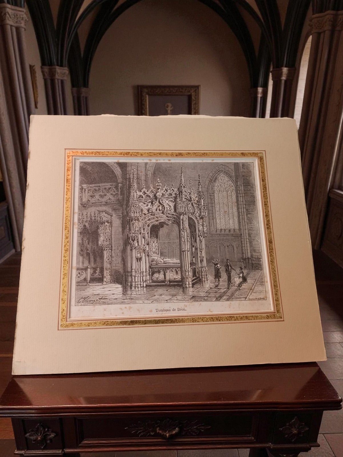 Gravure ancienne "Tombeau de Broia" cathédrale style gothique vintage déco mural