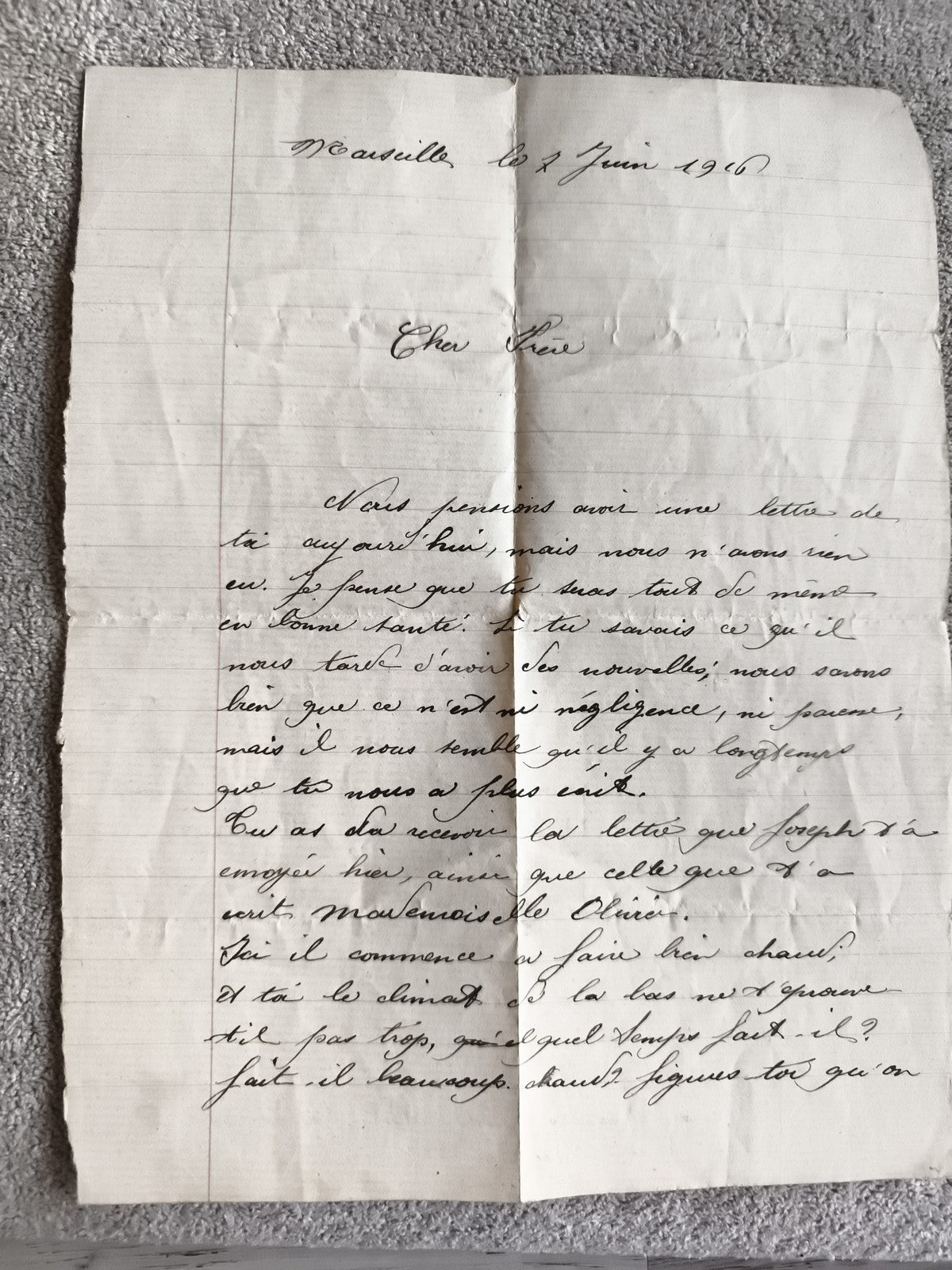 Lettre manuscrite ancienne 1916 Marseille première guerre WW1 papier d’époque