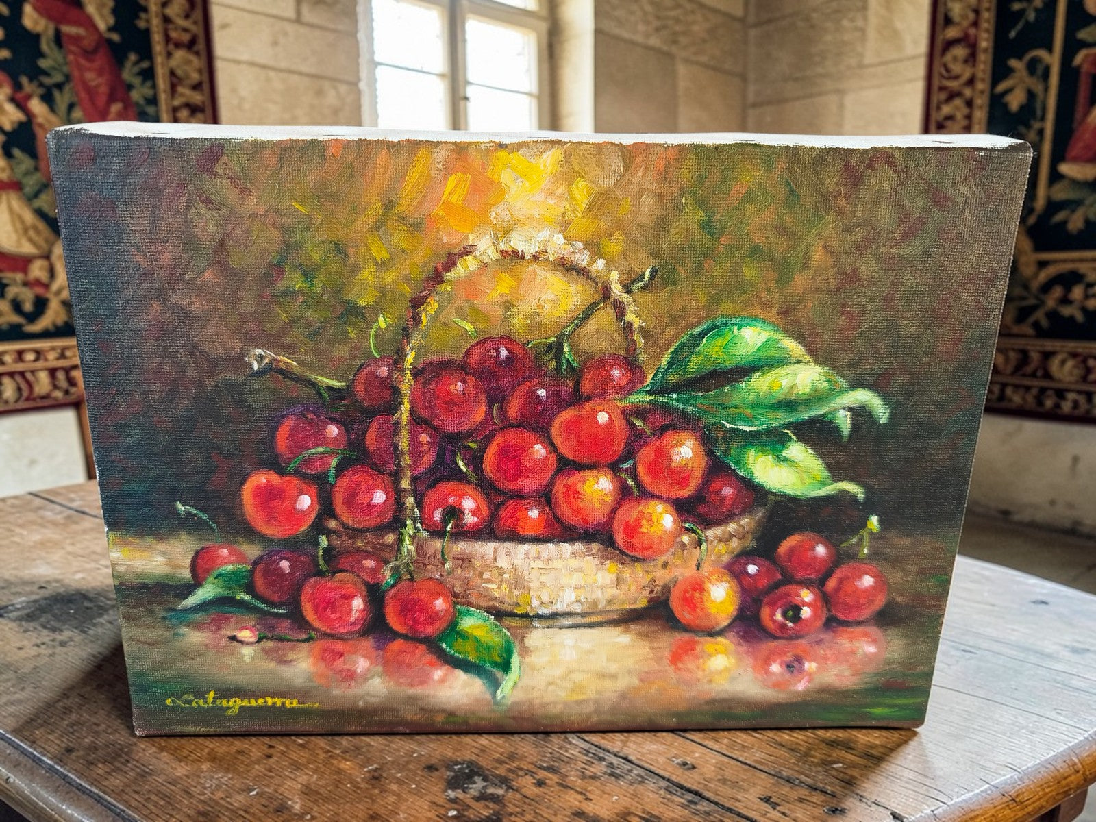 Peinture vintage signée Lataguerra Les cerises scène provençale rare ancien art