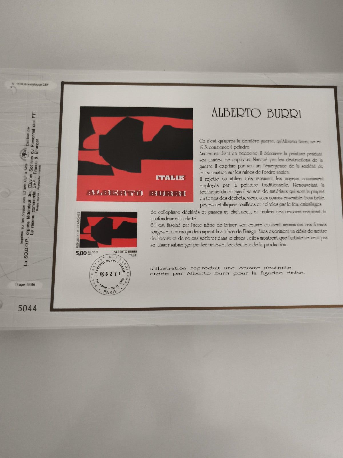 Feuillet CEF Alberto Burri Italie timbre 5F oblitéré Paris philatélie