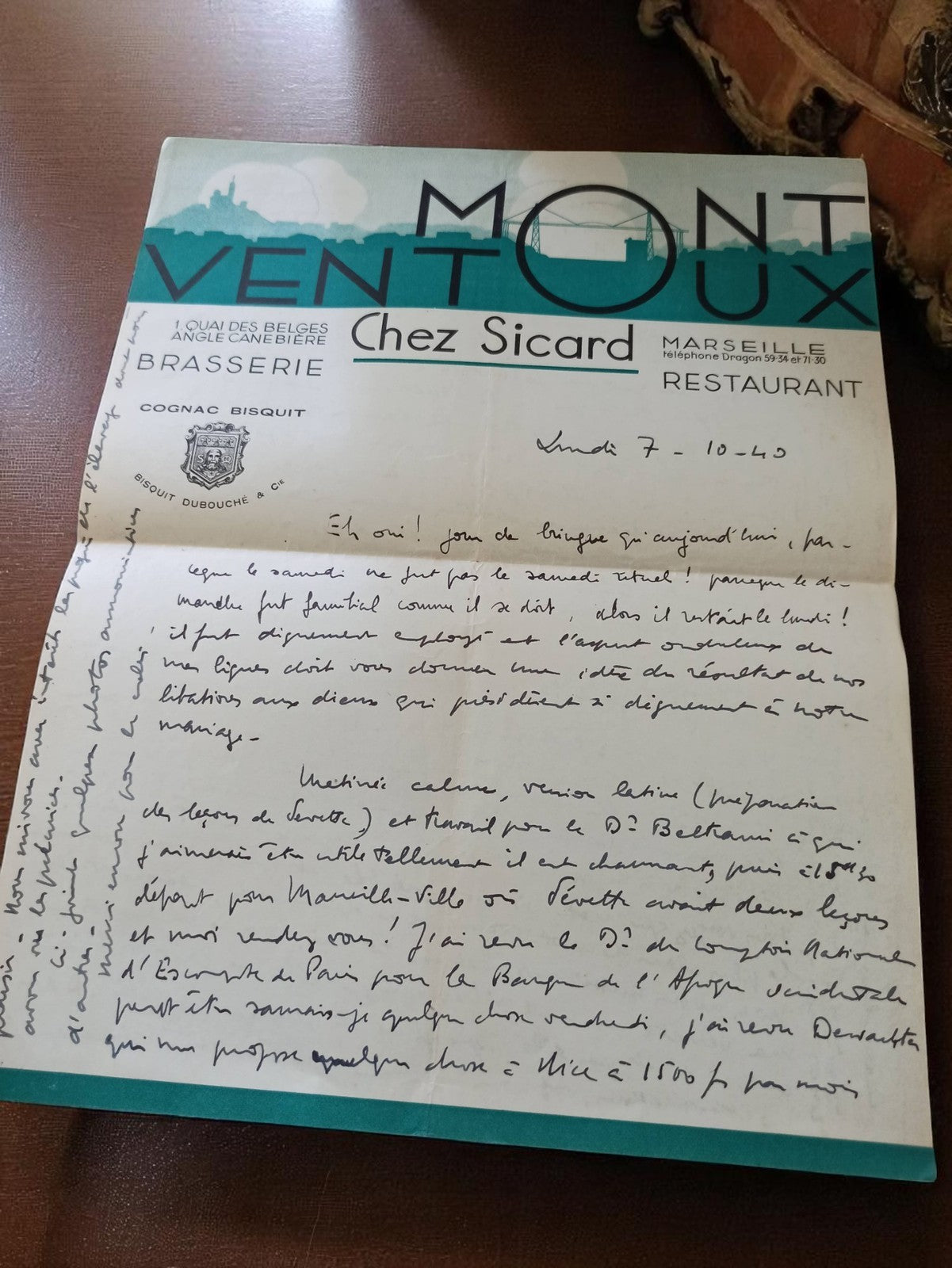 Lettre manuscrite 1940 sur papier Mont Ventoux Marseille vintage guerre 39-45