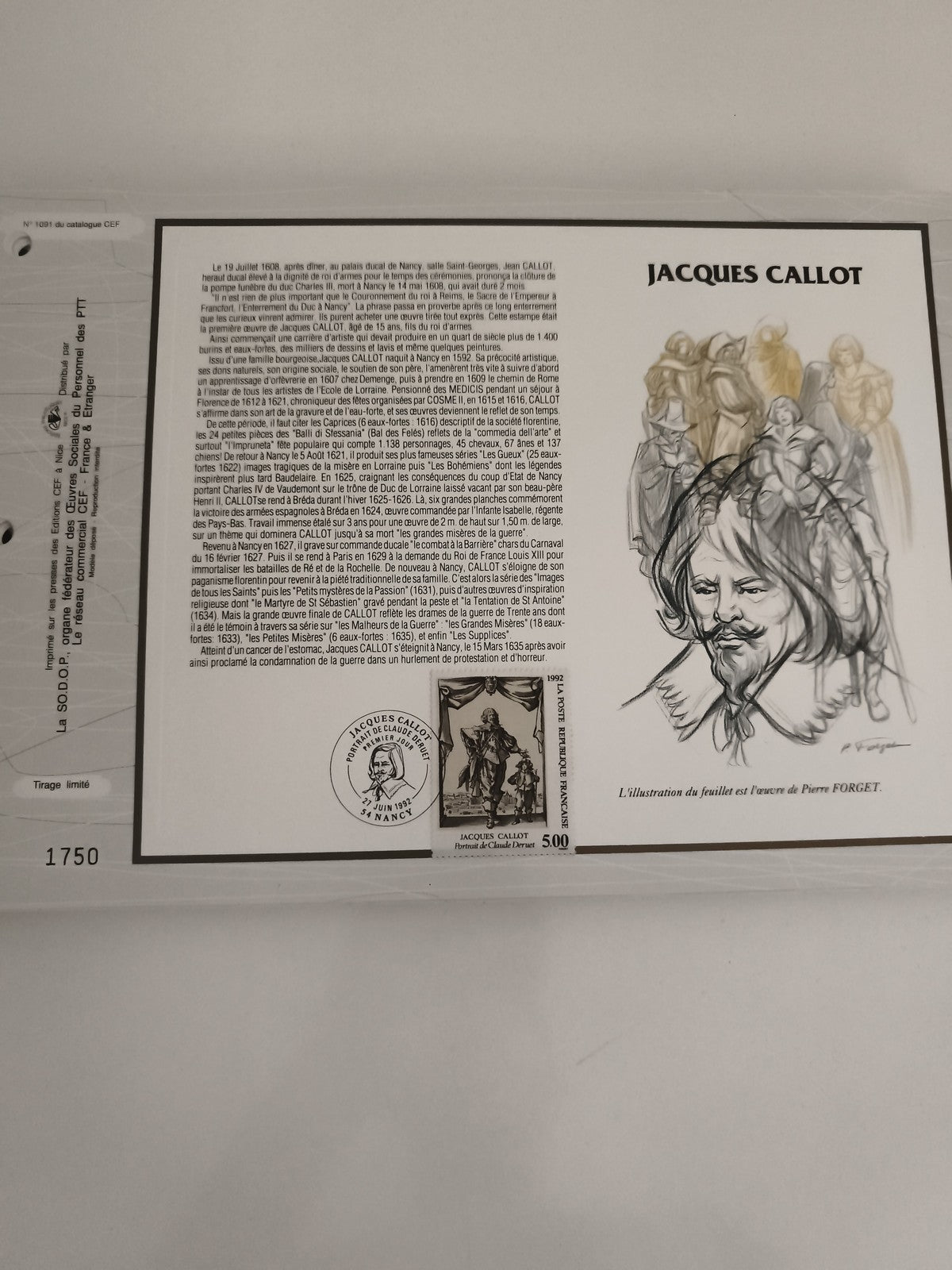 Feuillet CEF Jacques Callot philatélie illustration Pierre Forget timbre 500
