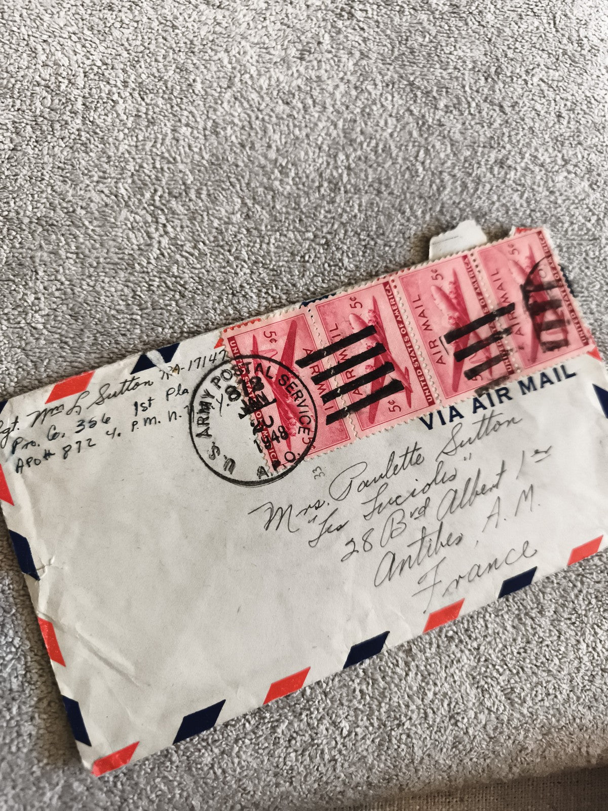 Lettre avion USA 1950s timbres Air Mail 5c oblitérés philatélie France