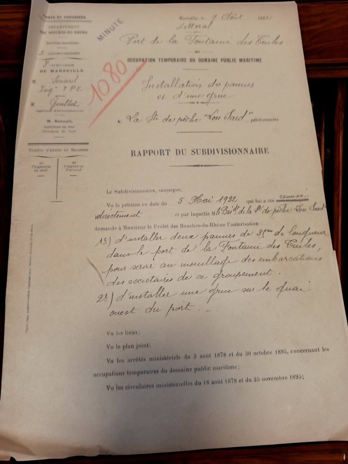 Ancien document vintage Marseille 1932 rapport Port Fontaine des Tuilles