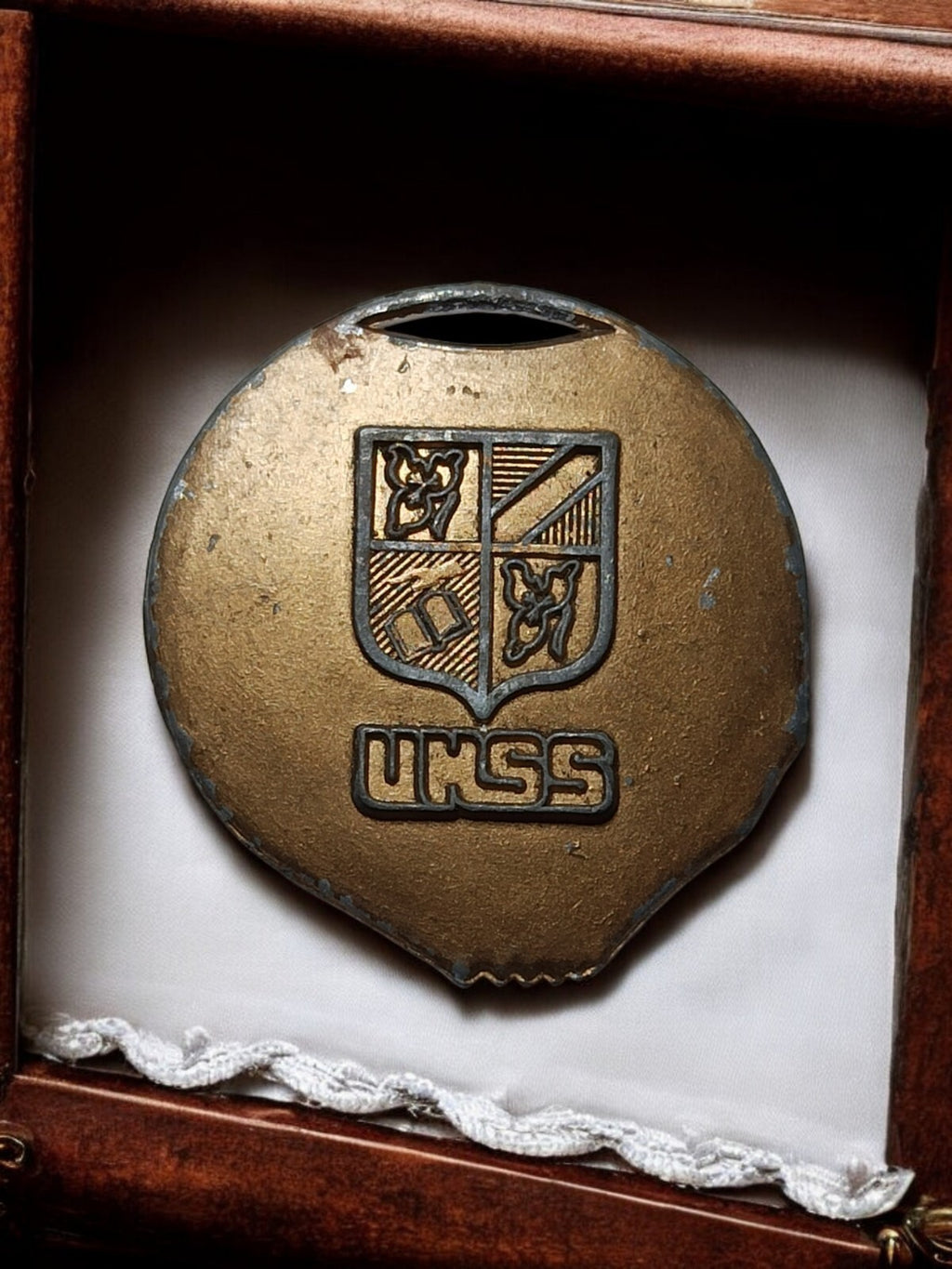 Médaille ancienne UNSS blason bronze aspect patiné sport scolaire UKSS