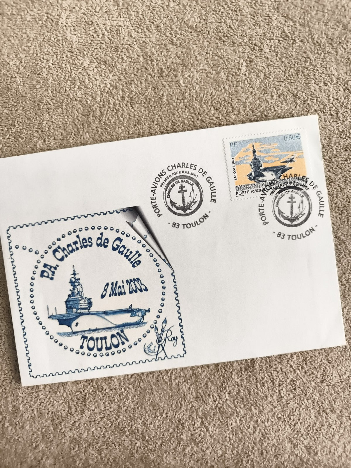Lettre FDC Porte-Avions Charles de Gaulle Toulon 2003 cachet timbre philatélie