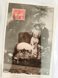 Carte postale ancienne Pâques, couple romantique, œufs géants, timbre 10c rouge