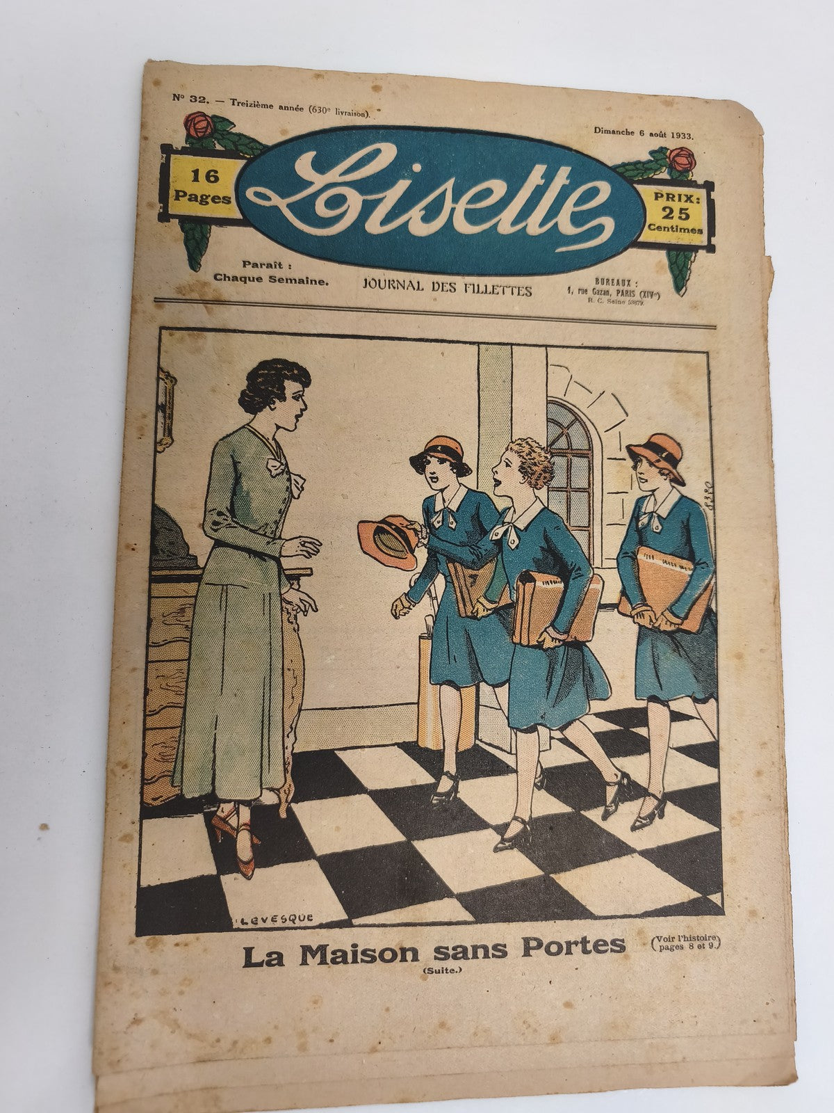 Ancien journal Lisette 1933 N°32 couverture illustrée, vintage presse fillette