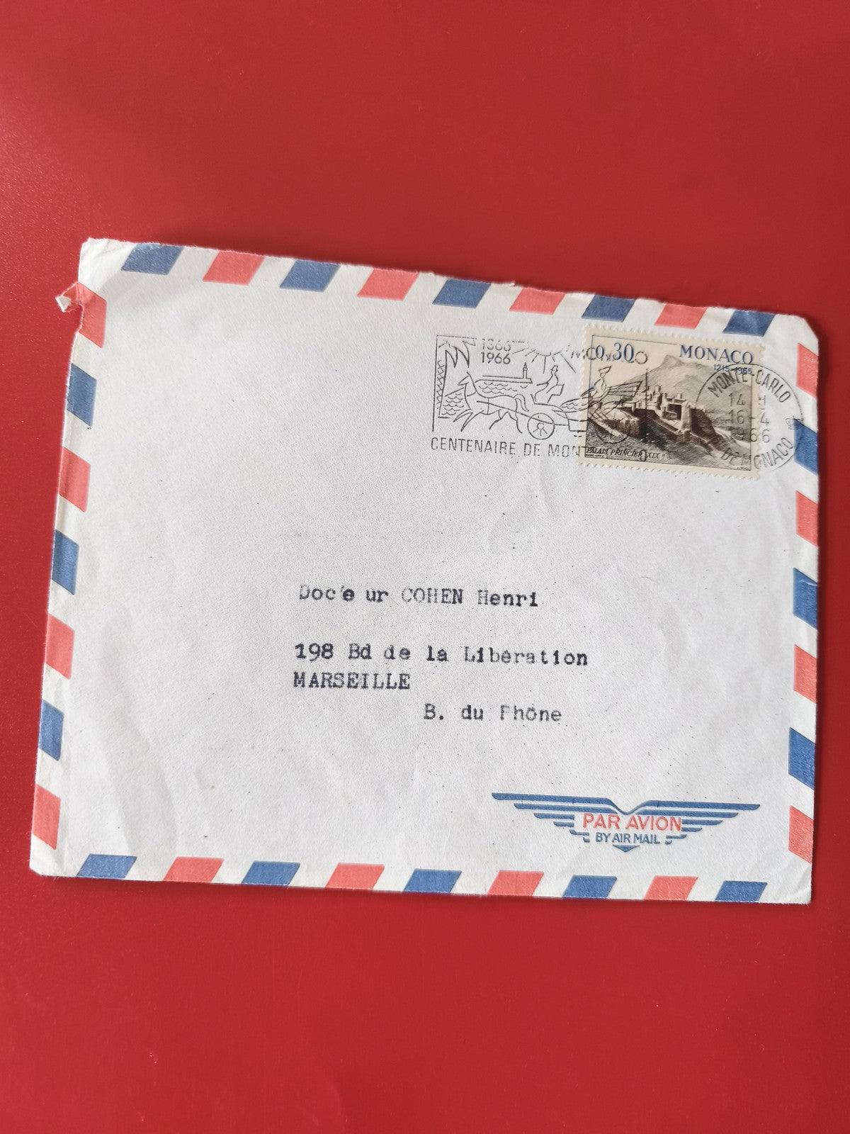 Enveloppe philatélie affranchie Monaco motif avion et timbre commémoratif